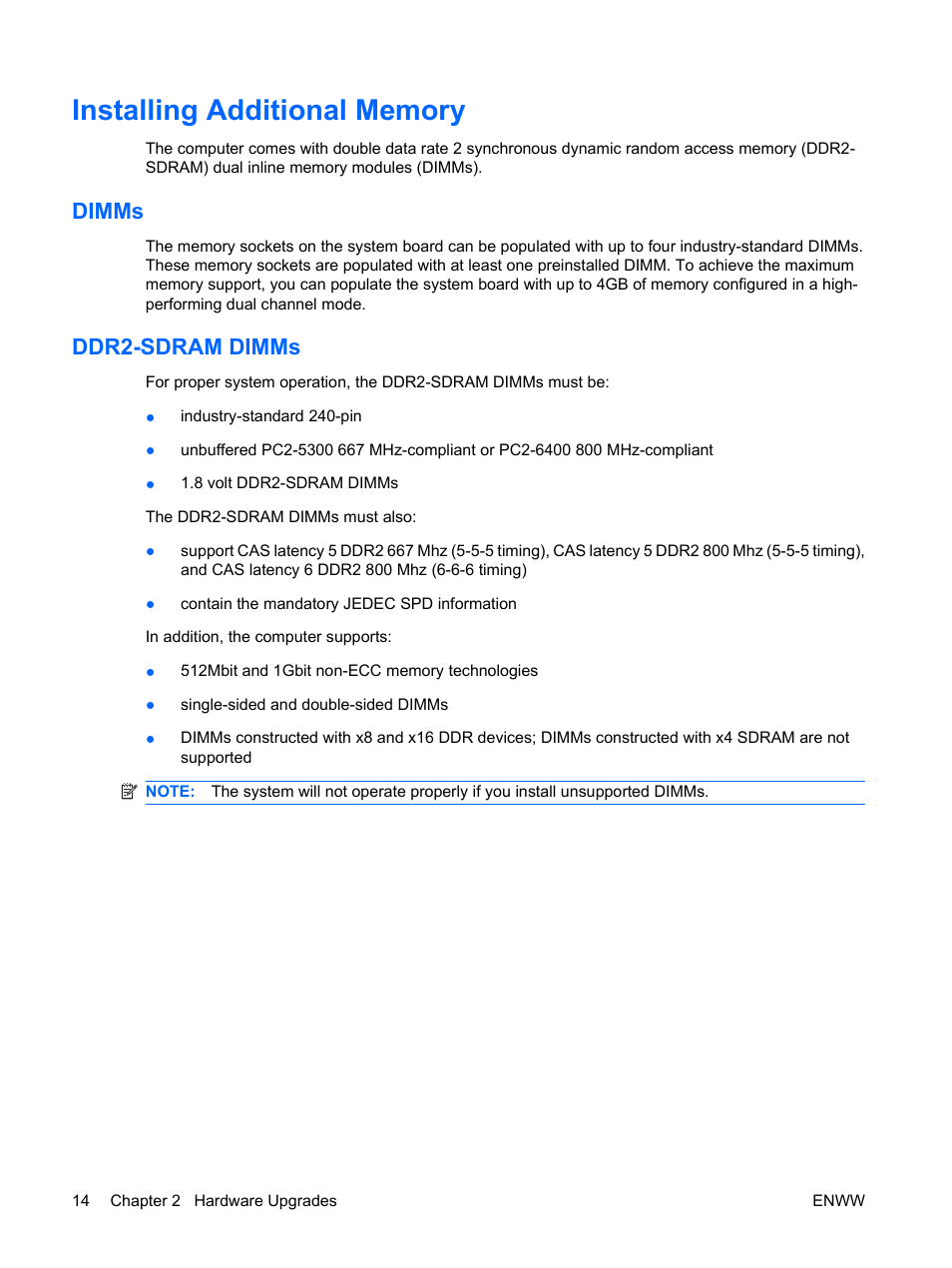 Installing additional memory, Dimms, Ddr2-sdram dimms | Dimms ddr2-sdram dimms | HP DX2400 User Manual | Page 20 / 59