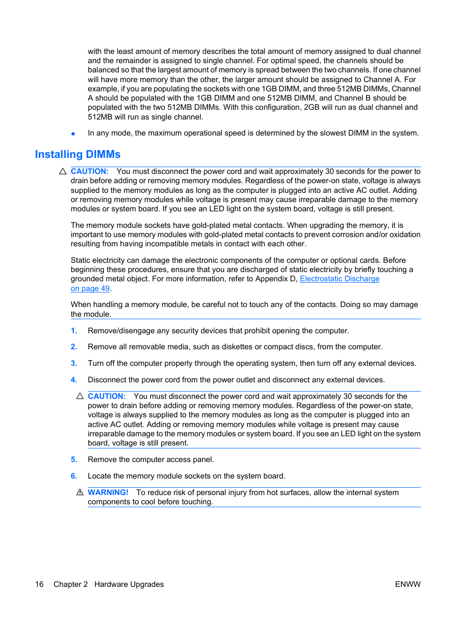 Installing dimms | HP DX2400 User Manual | Page 22 / 59