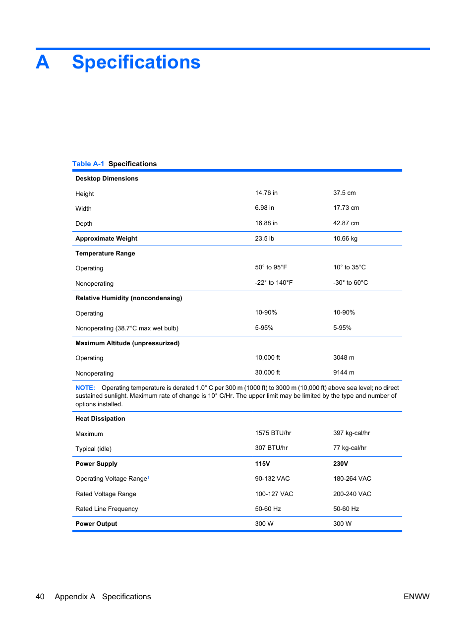 Specifications, Appendix a specifications, Aspecifications | HP DX2400 User Manual | Page 46 / 59
