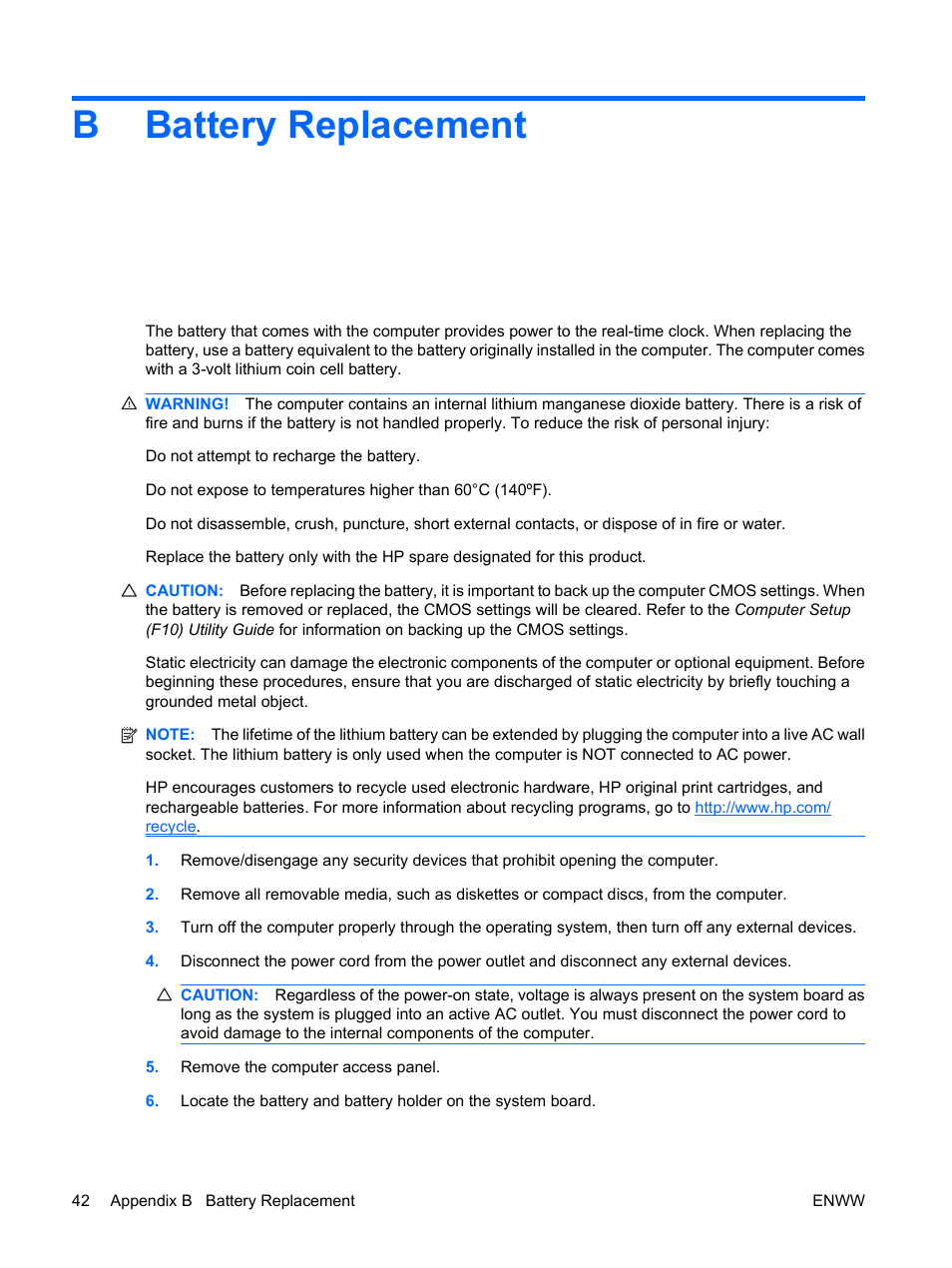 Battery replacement, Appendix b battery replacement, Bbattery replacement | HP DX2400 User Manual | Page 48 / 59