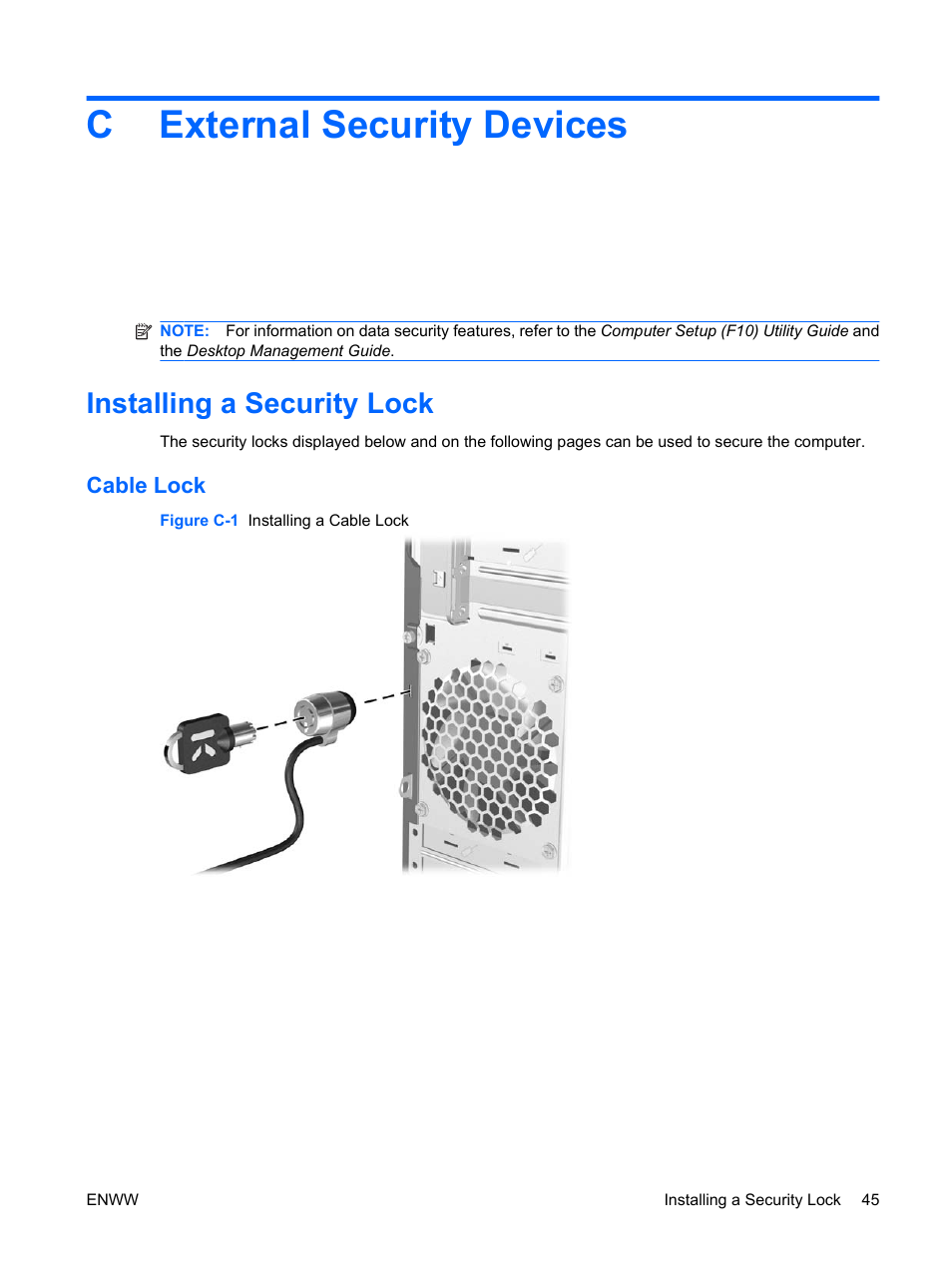 External security devices, Installing a security lock, Cable lock | Appendix c external security devices, Cexternal security devices | HP DX2400 User Manual | Page 51 / 59