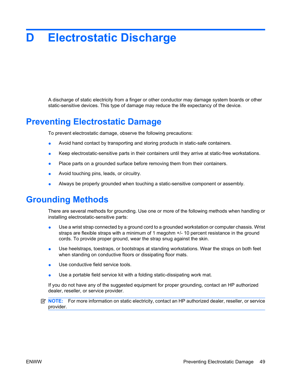 Electrostatic discharge, Preventing electrostatic damage, Grounding methods | Appendix d electrostatic discharge, Preventing electrostatic damage grounding methods, Delectrostatic discharge | HP DX2400 User Manual | Page 55 / 59