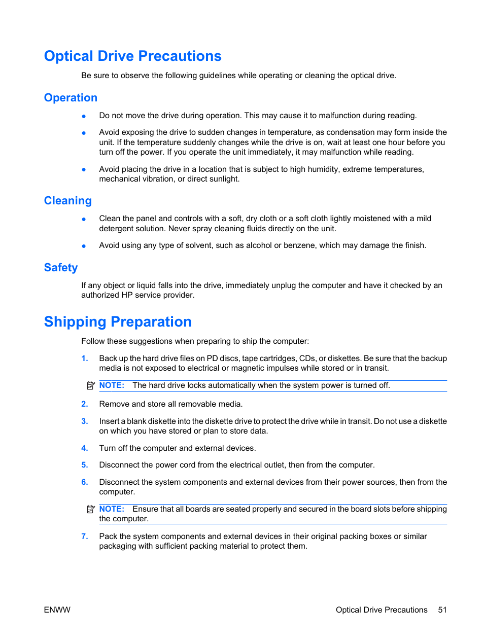 Optical drive precautions, Operation, Cleaning | Safety, Shipping preparation, Operation cleaning safety | HP DX2400 User Manual | Page 57 / 59