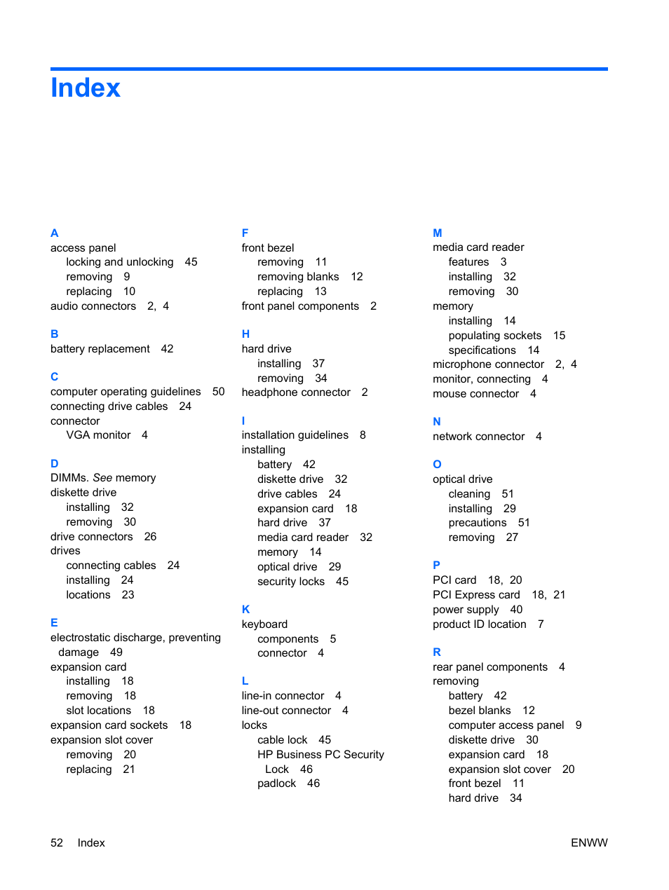 Index | HP DX2400 User Manual | Page 58 / 59