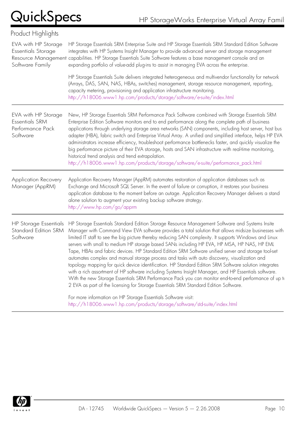 Quickspecs | HP EVA4100 User Manual | Page 10 / 50