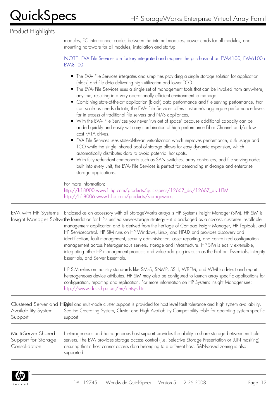 Quickspecs | HP EVA4100 User Manual | Page 12 / 50