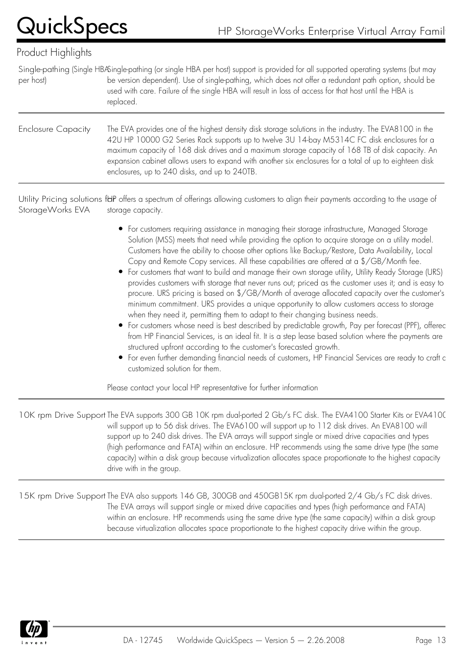 Quickspecs | HP EVA4100 User Manual | Page 13 / 50