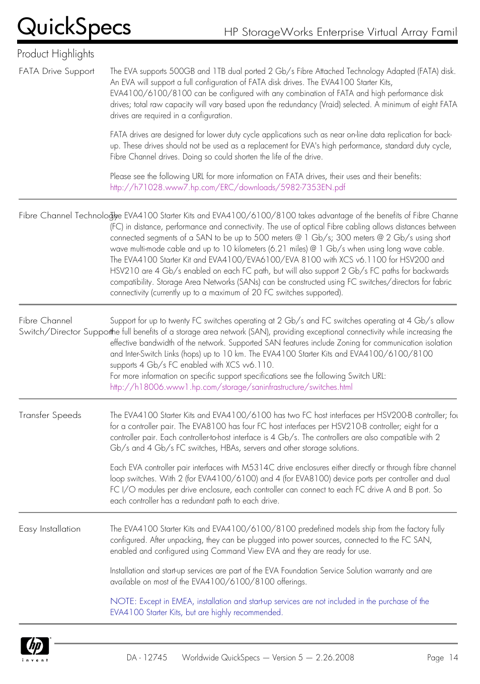 Quickspecs | HP EVA4100 User Manual | Page 14 / 50