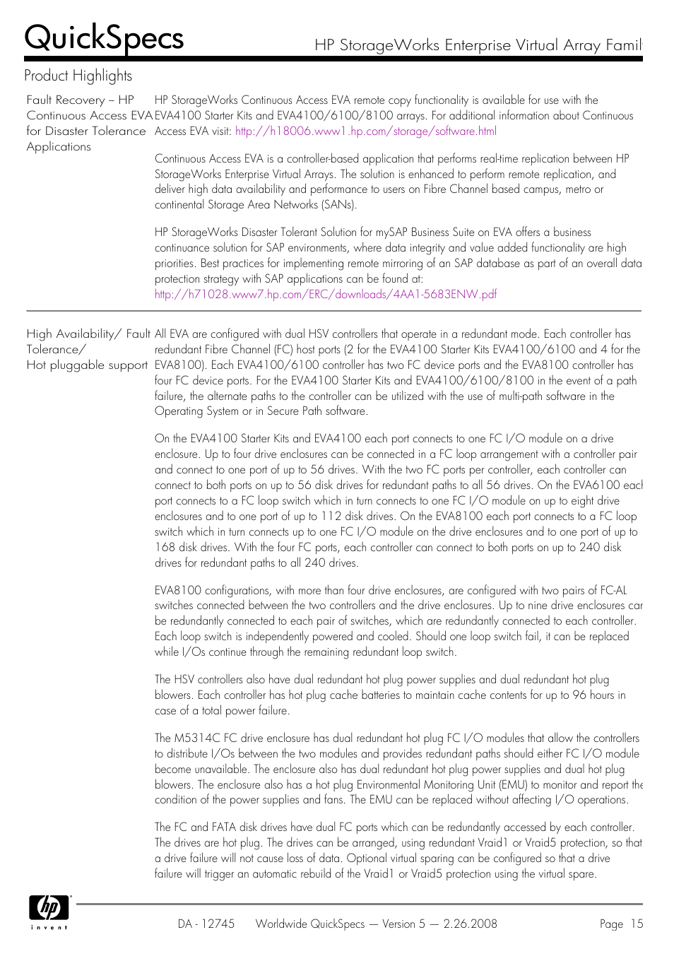 Quickspecs | HP EVA4100 User Manual | Page 15 / 50