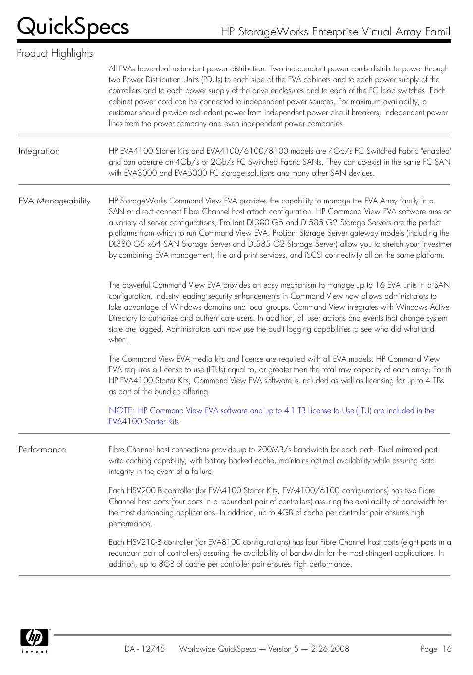 Quickspecs | HP EVA4100 User Manual | Page 16 / 50