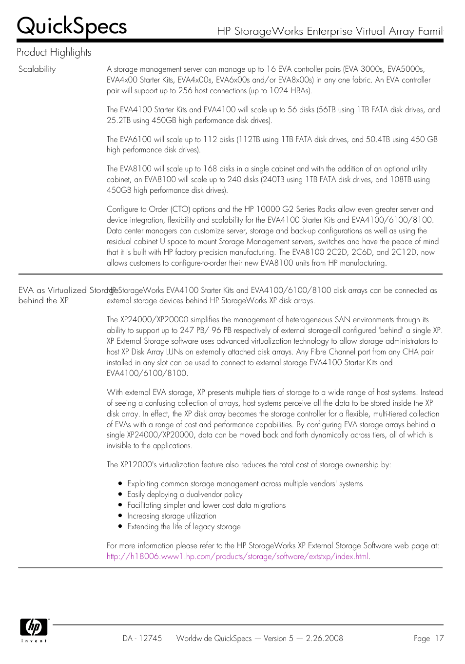 Quickspecs | HP EVA4100 User Manual | Page 17 / 50