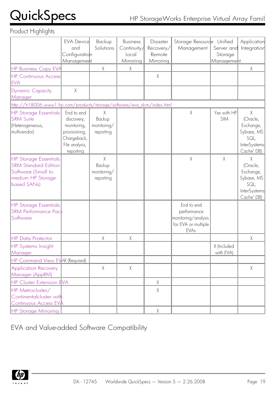 Quickspecs, Eva and value-added software compatibility | HP EVA4100 User Manual | Page 19 / 50