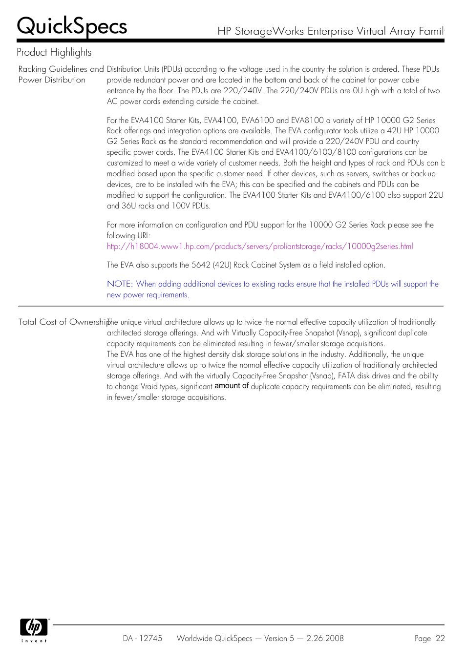 Quickspecs | HP EVA4100 User Manual | Page 22 / 50