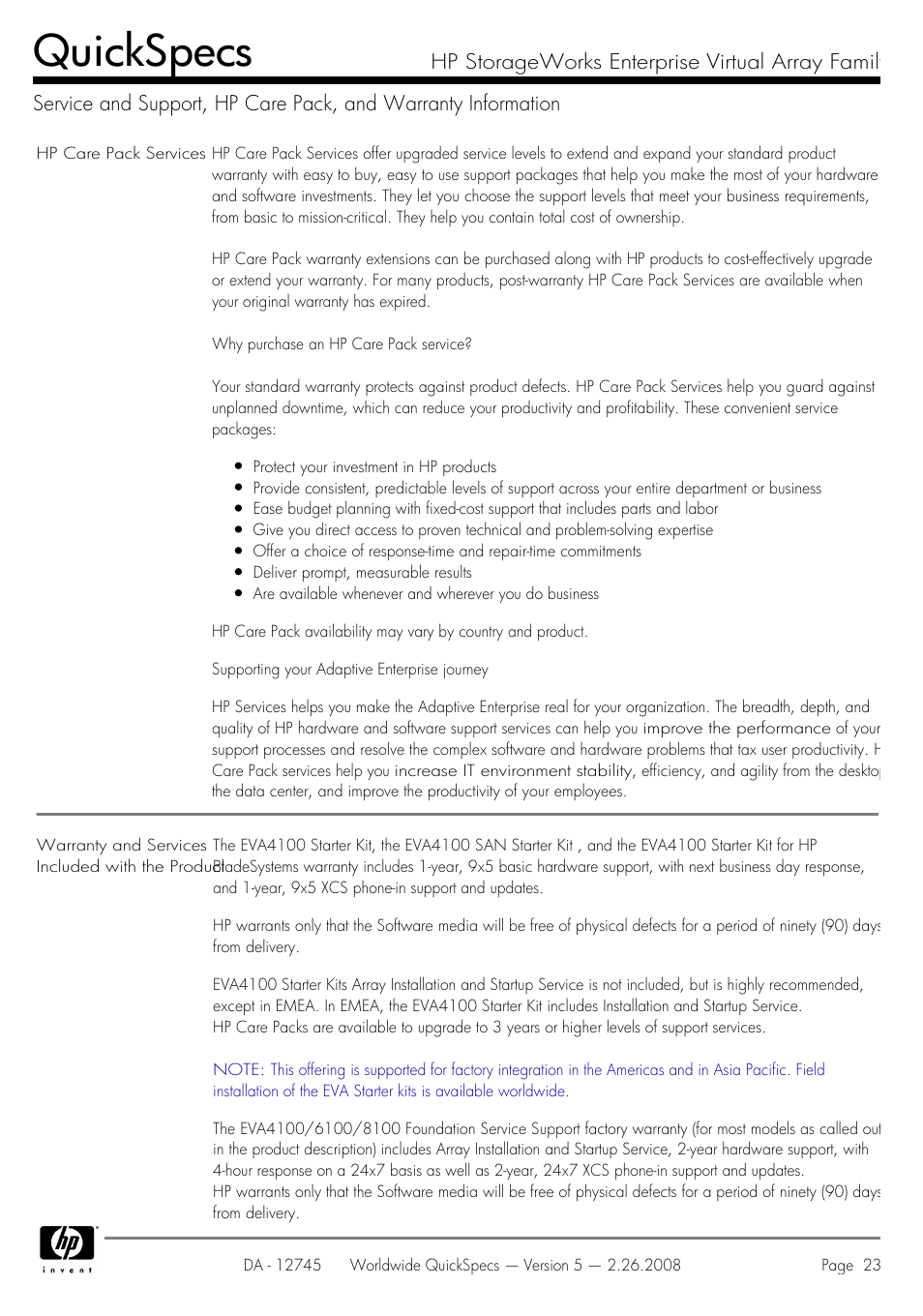 Quickspecs | HP EVA4100 User Manual | Page 23 / 50