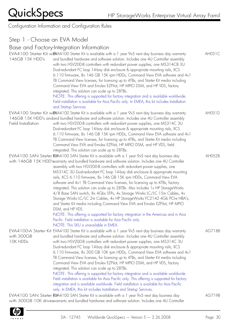 Configuration information and configuration rules, Quickspecs | HP EVA4100 User Manual | Page 30 / 50