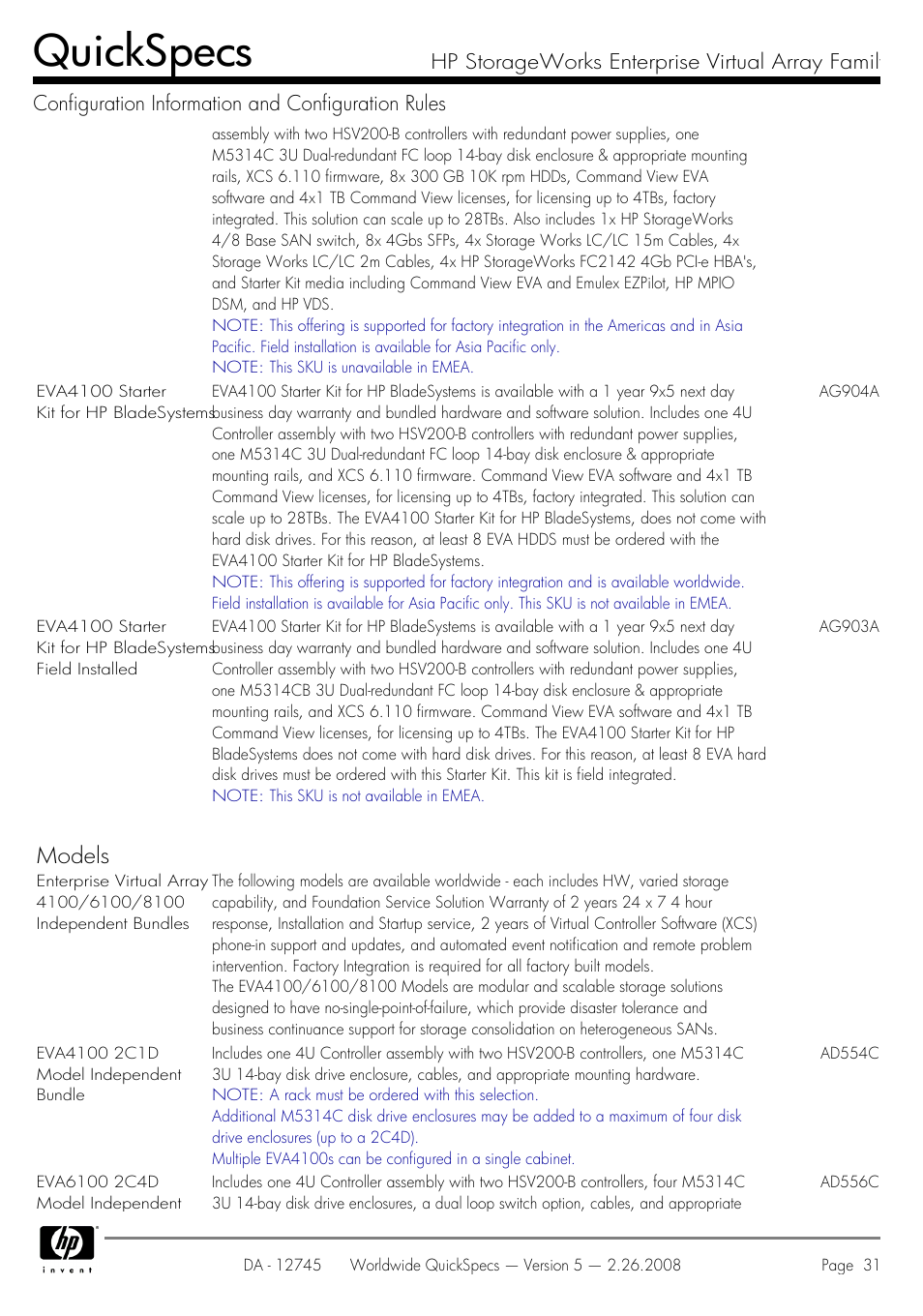 Quickspecs, Models | HP EVA4100 User Manual | Page 31 / 50