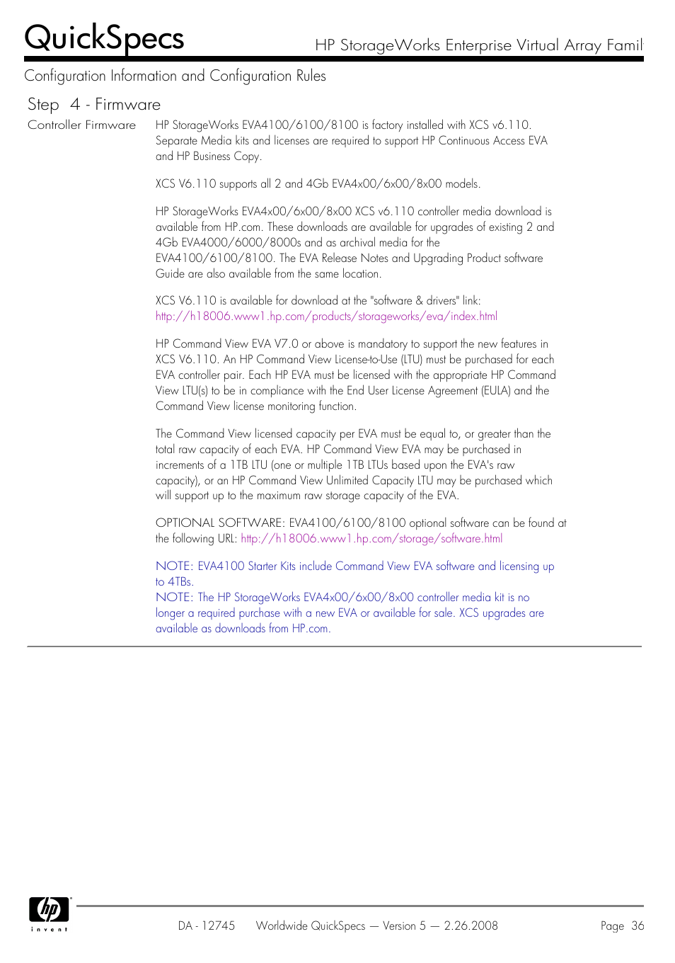 Quickspecs, Step 4 - firmware | HP EVA4100 User Manual | Page 36 / 50