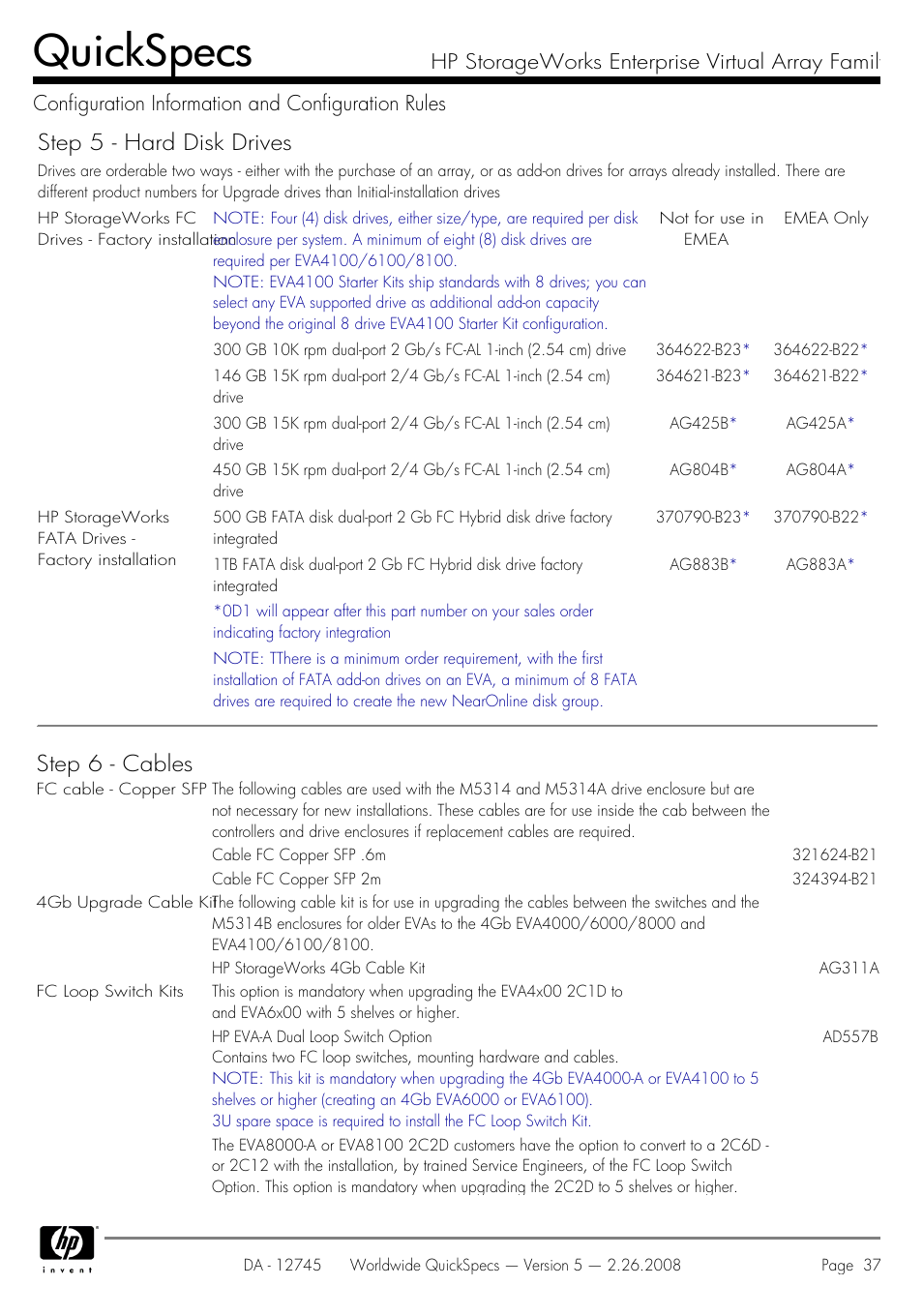 Quickspecs, Step 5 - hard disk drives, Step 6 - cables | HP EVA4100 User Manual | Page 37 / 50