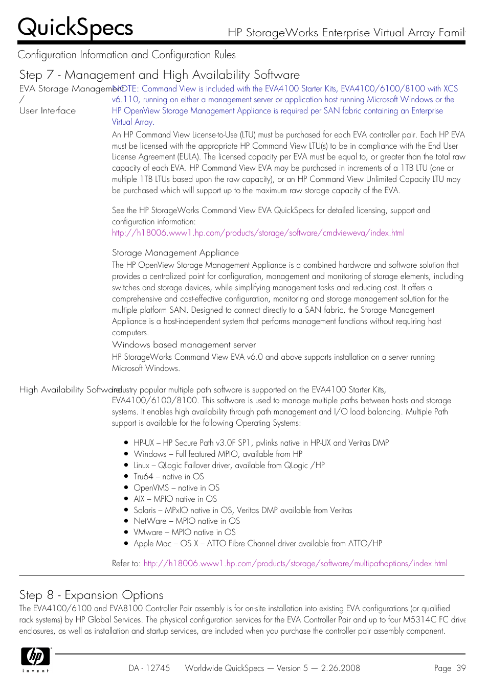 Quickspecs, Step 7 - management and high availability software, Step 8 - expansion options | HP EVA4100 User Manual | Page 39 / 50