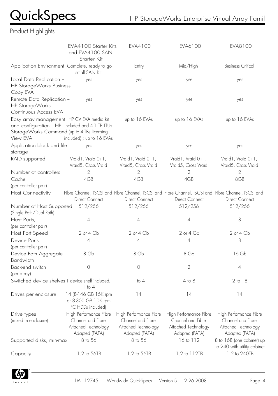 Product highlights, Quickspecs | HP EVA4100 User Manual | Page 4 / 50