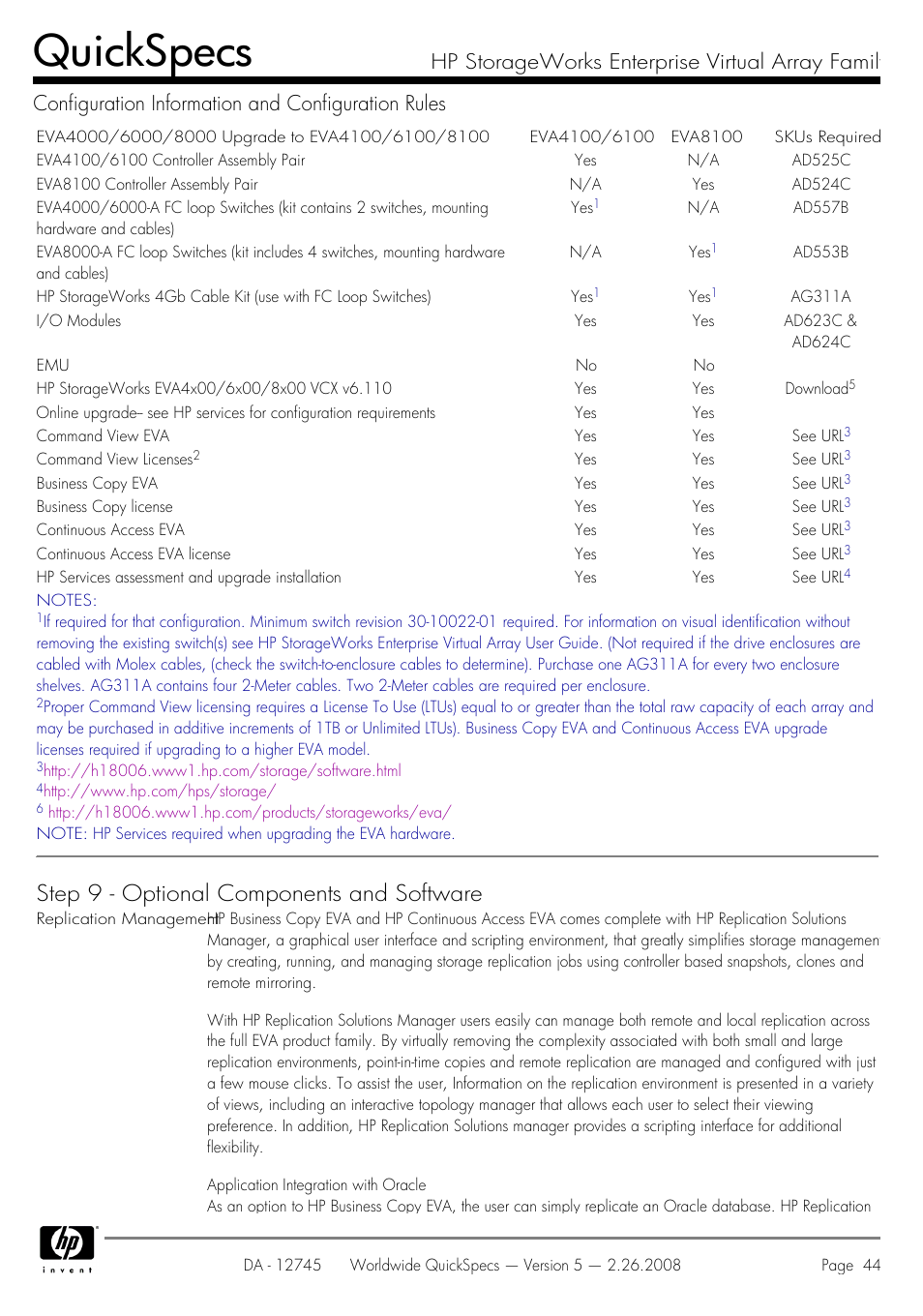 Quickspecs, Step 9 - optional components and software | HP EVA4100 User Manual | Page 44 / 50