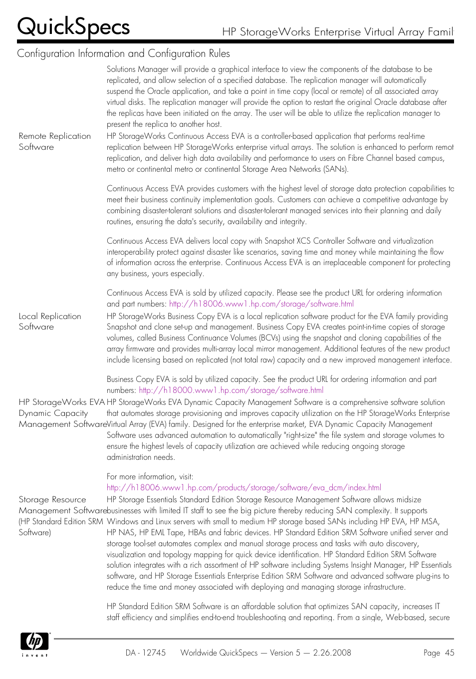 Quickspecs | HP EVA4100 User Manual | Page 45 / 50