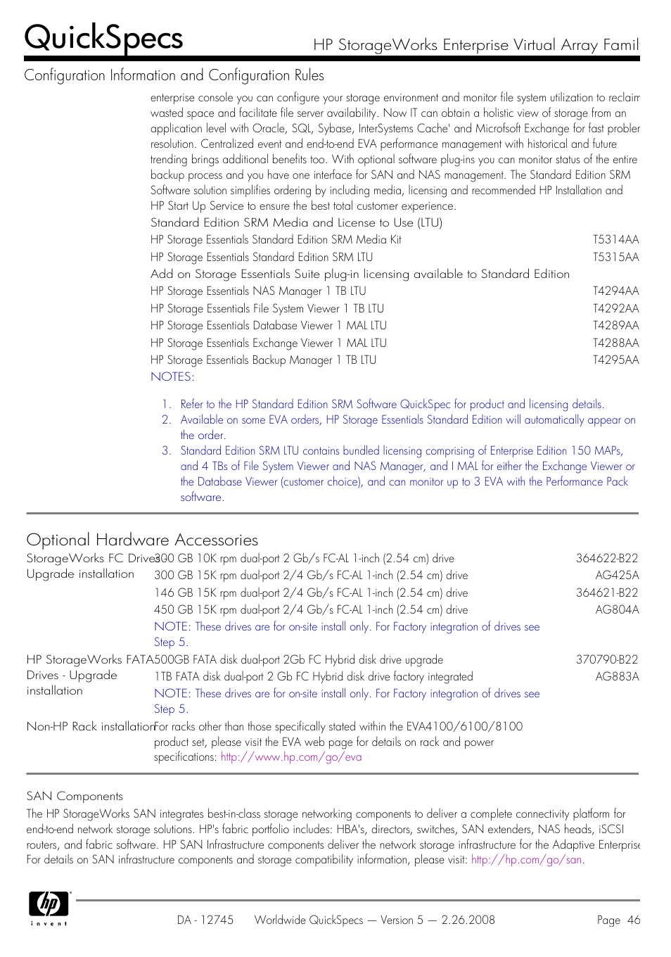 Quickspecs, Optional hardware accessories | HP EVA4100 User Manual | Page 46 / 50