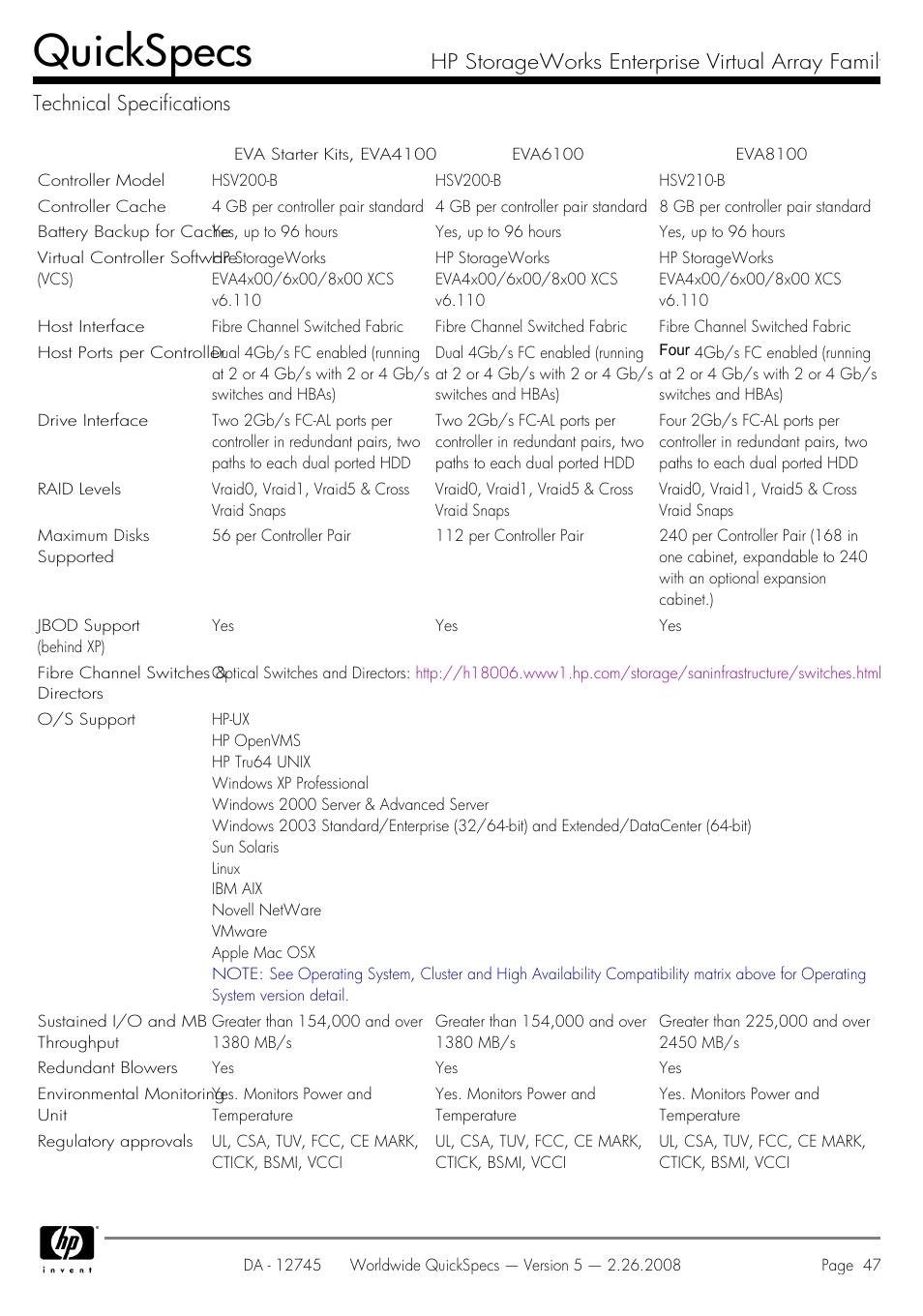 Technical specifications, Quickspecs | HP EVA4100 User Manual | Page 47 / 50