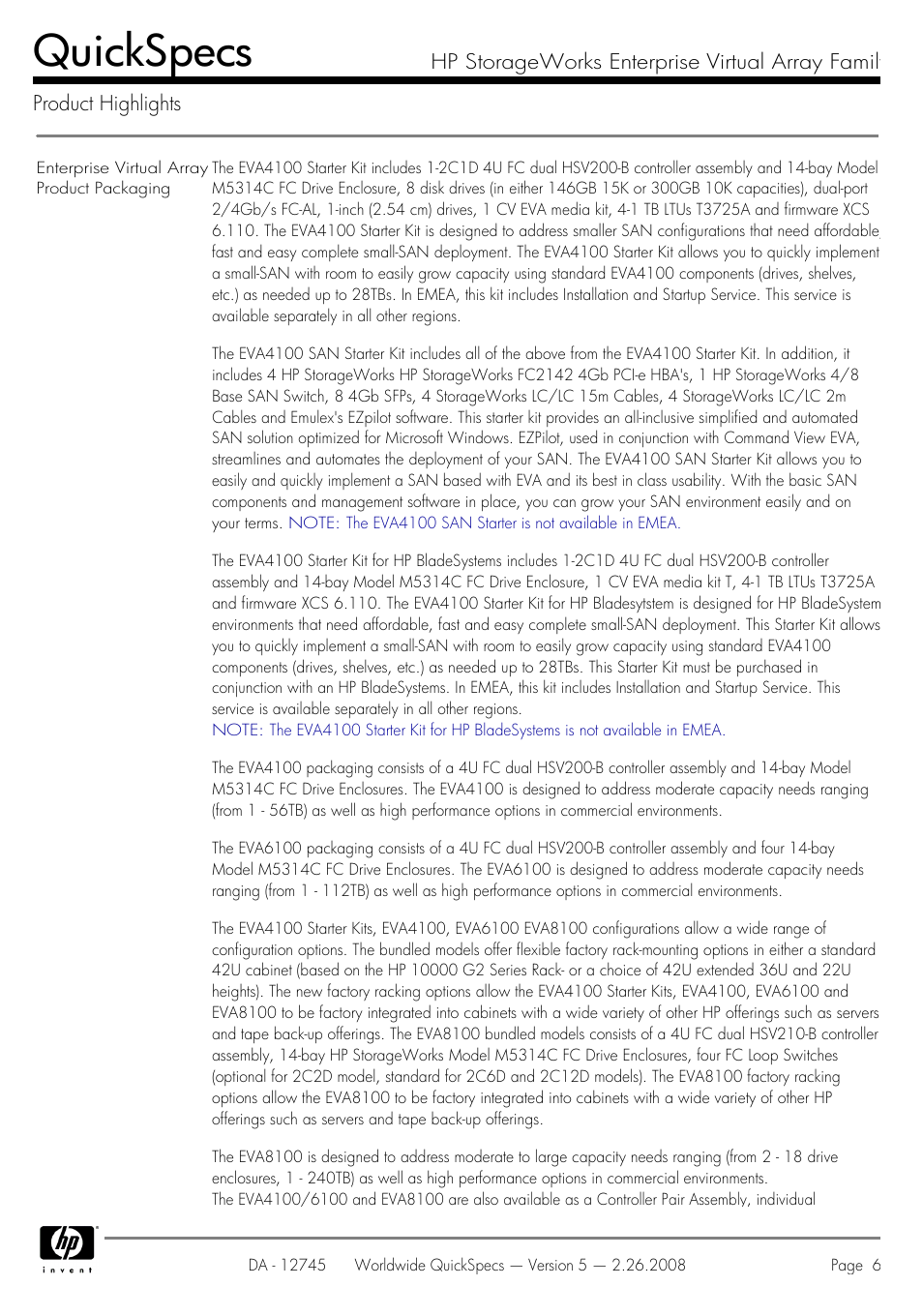 Quickspecs | HP EVA4100 User Manual | Page 6 / 50