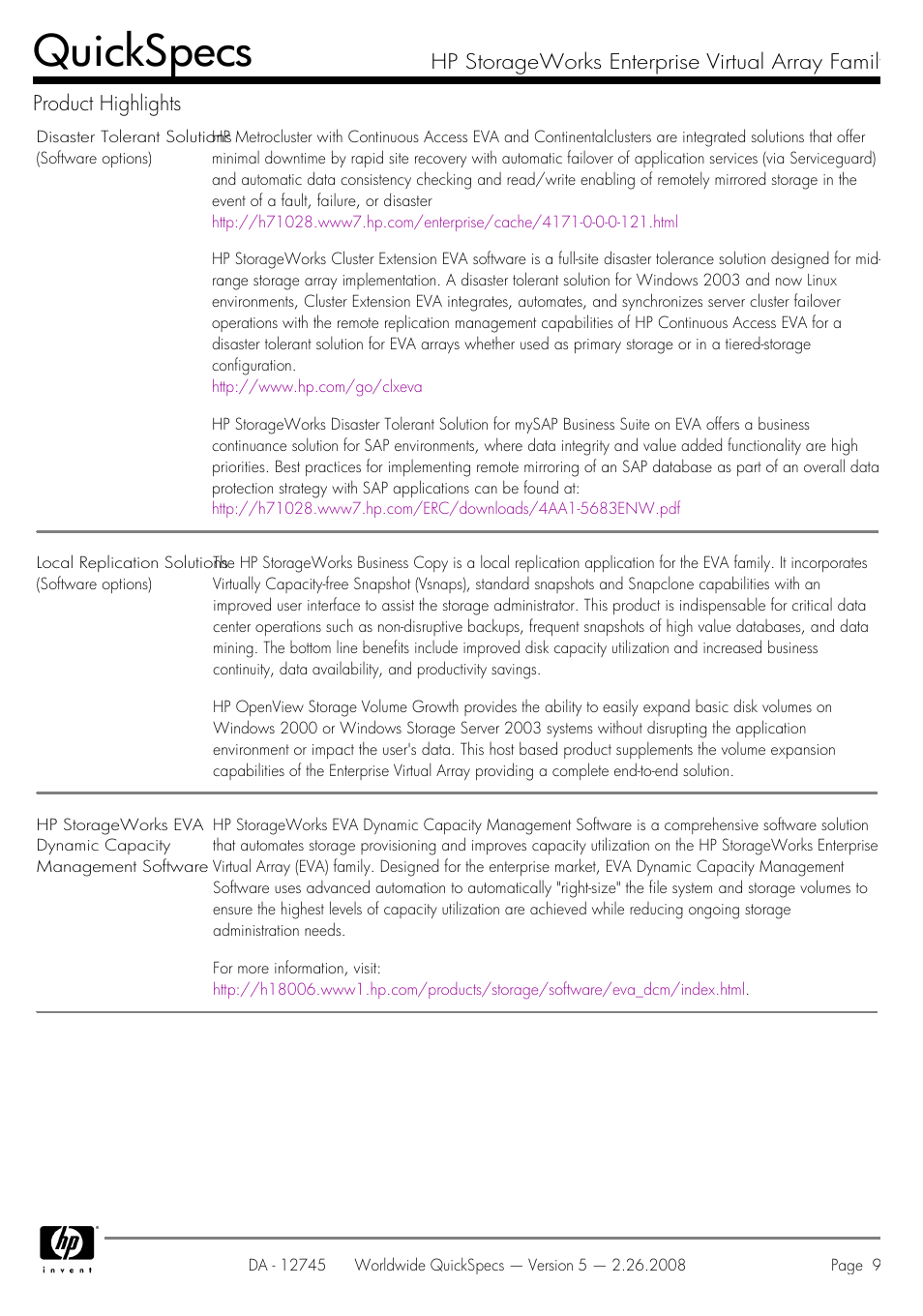 Quickspecs | HP EVA4100 User Manual | Page 9 / 50