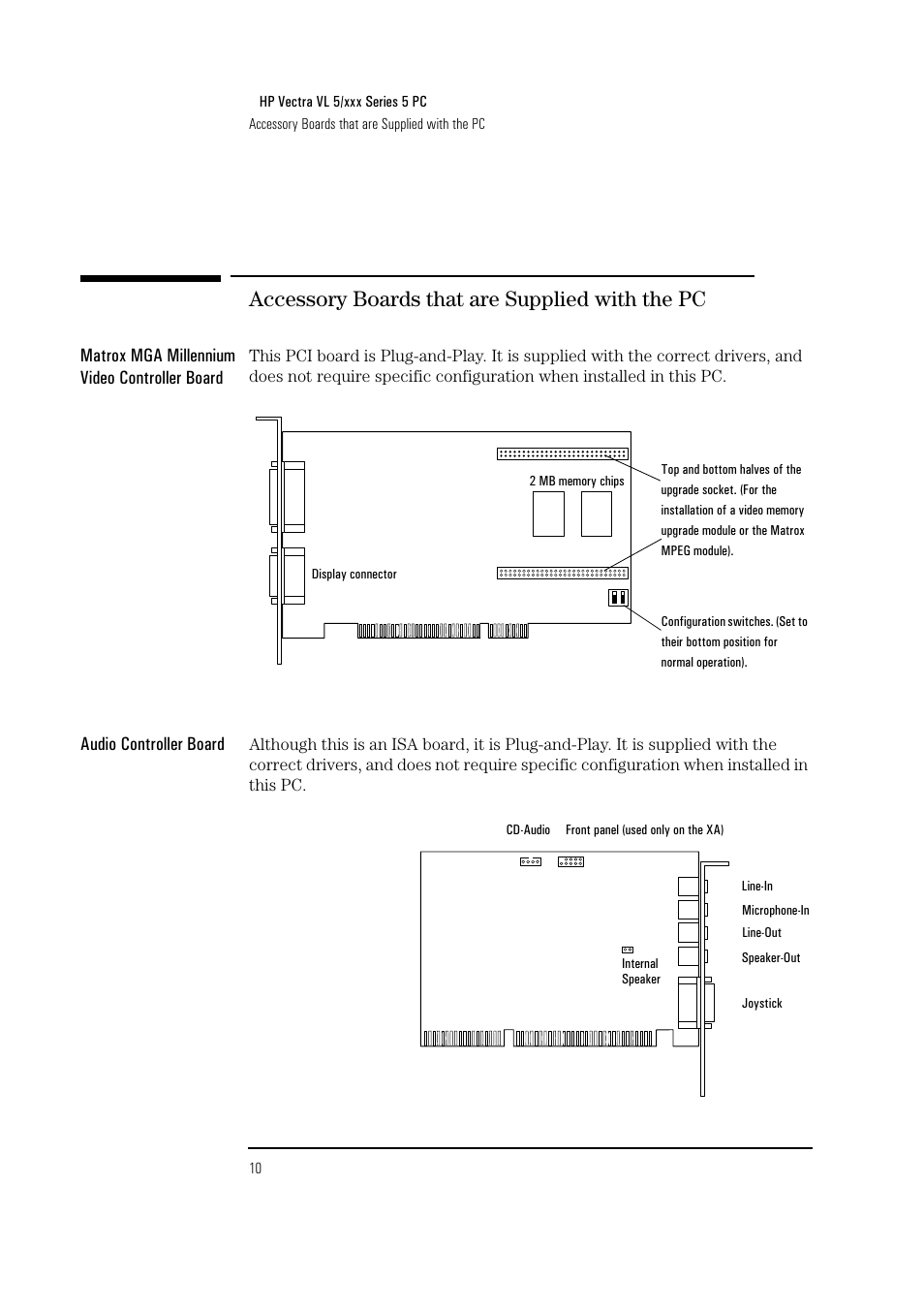 Accessory boards that are supplied with the pc, Matrox mga millennium video controller board, Audio controller board | HP Vectra VL PC 5/xxx Series 5 User Manual | Page 12 / 16