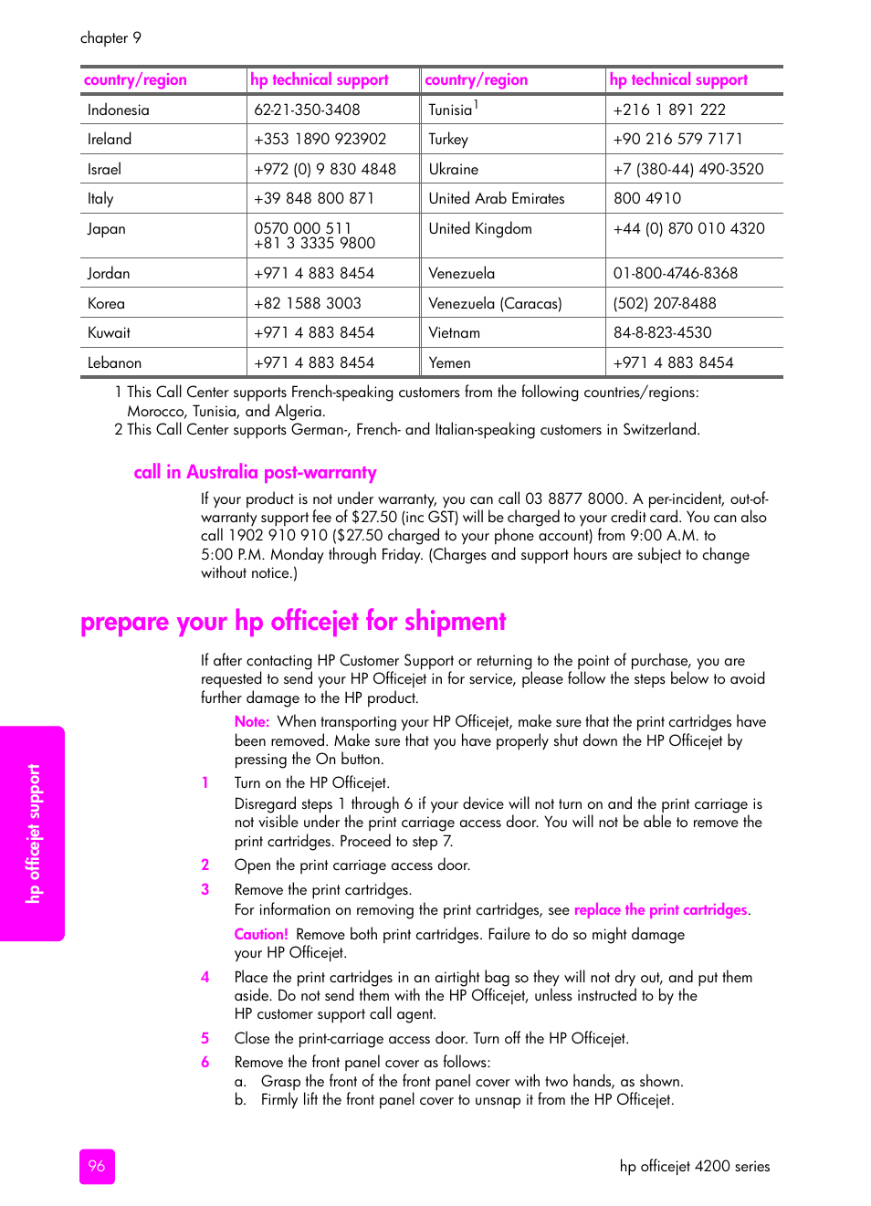 Call in australia post-warranty, Prepare your hp officejet for shipment | HP 4200 series User Manual | Page 106 / 166
