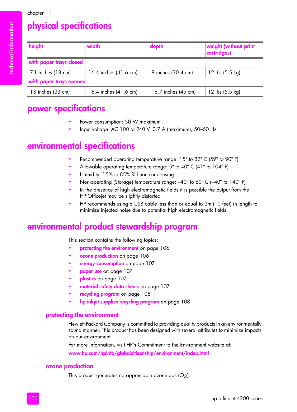 Physical specifications, Power specifications, Environmental specifications | Environmental product stewardship program, Protecting the environment, Ozone production, Physical specifications power specifications | HP 4200 series User Manual | Page 116 / 166