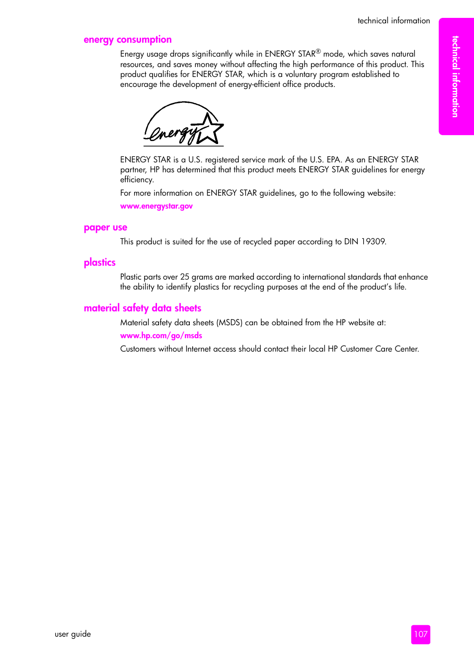 Energy consumption, Paper use, Plastics | Material safety data sheets | HP 4200 series User Manual | Page 117 / 166