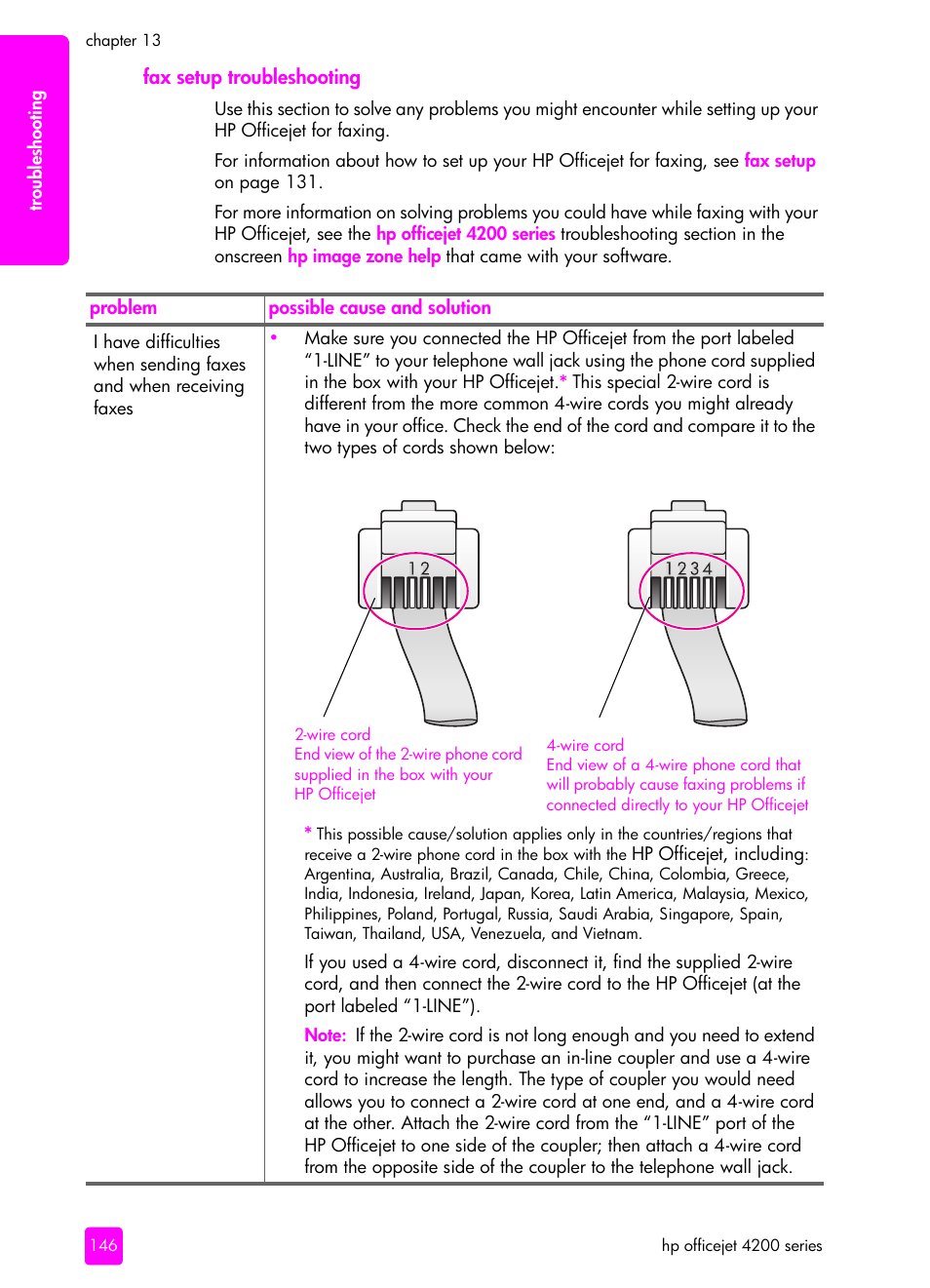 Fax setup troubleshooting, I have difficulties when, Sending faxes and when receiving faxes | I have difficulties when sending faxes and, When receiving faxes | HP 4200 series User Manual | Page 156 / 166