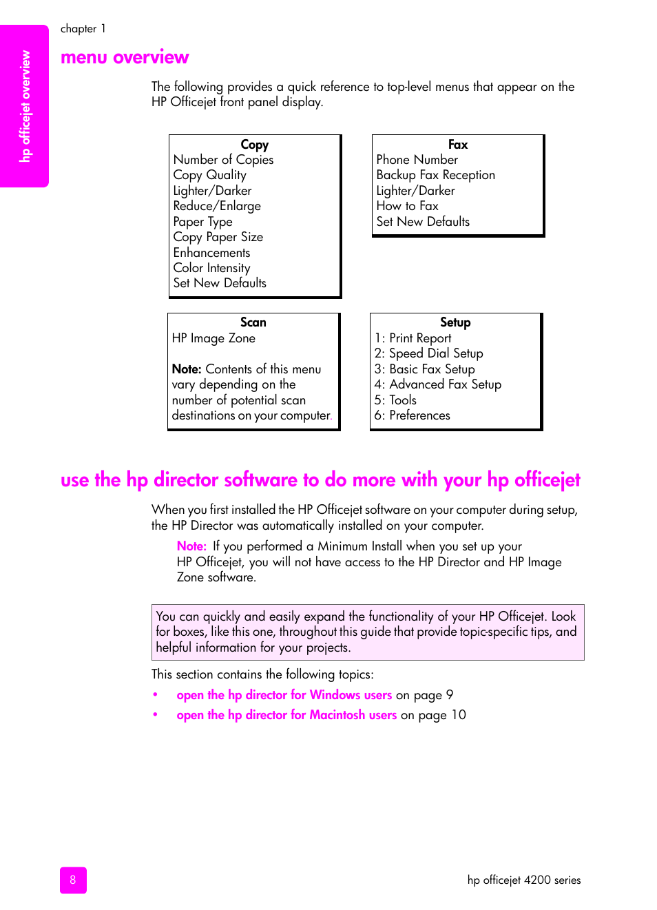 Menu overview, Use the | HP 4200 series User Manual | Page 18 / 166