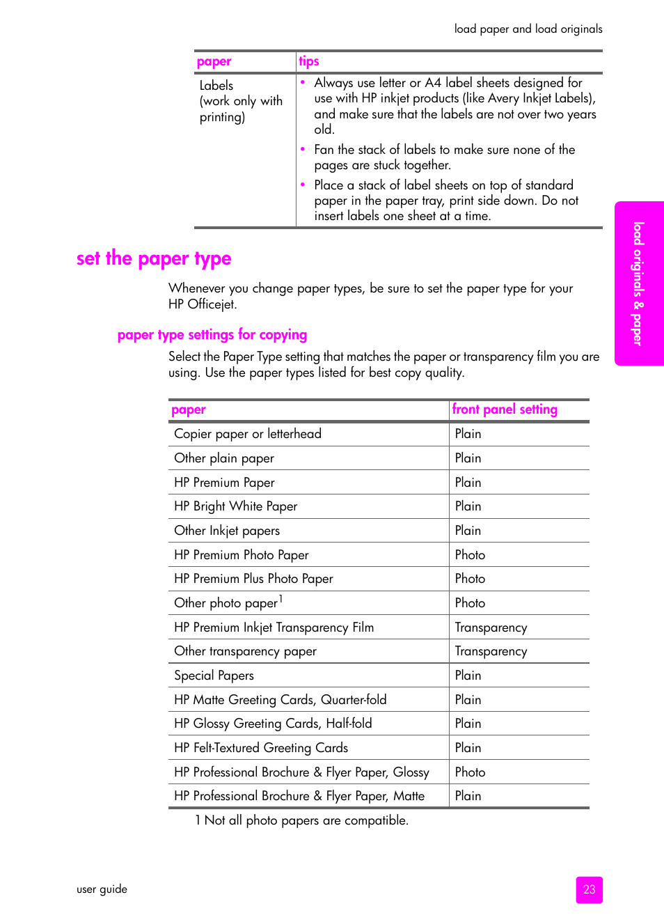 Set the paper type, Paper type settings for copying | HP 4200 series User Manual | Page 33 / 166