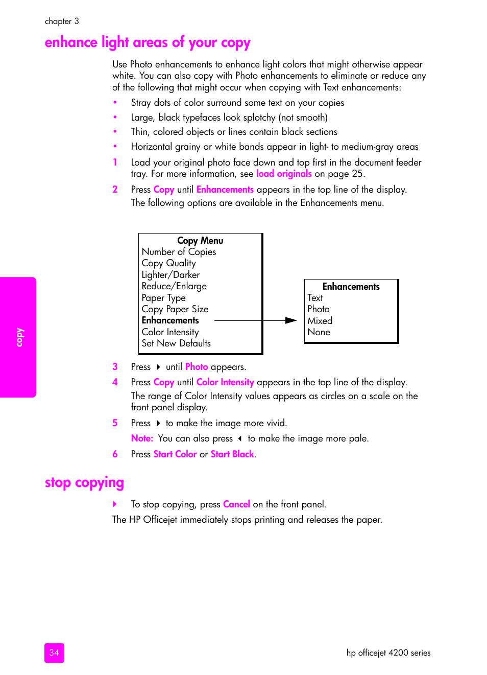 Enhance light areas of your copy, Stop copying, Enhance light areas of your copy stop copying | HP 4200 series User Manual | Page 44 / 166