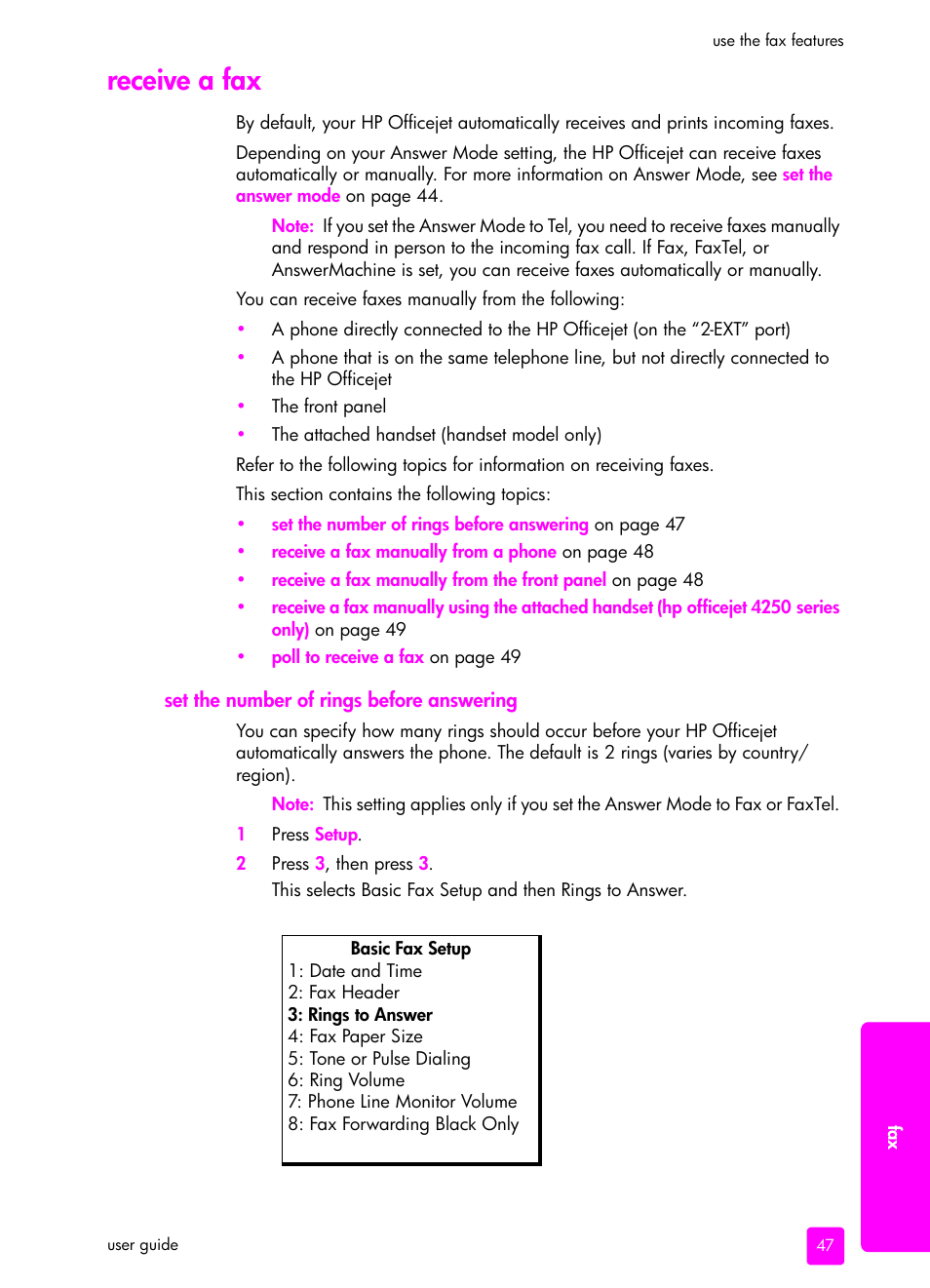 Receive a fax, Set the number of rings before answering, Set the number of rings before | Answering | HP 4200 series User Manual | Page 57 / 166