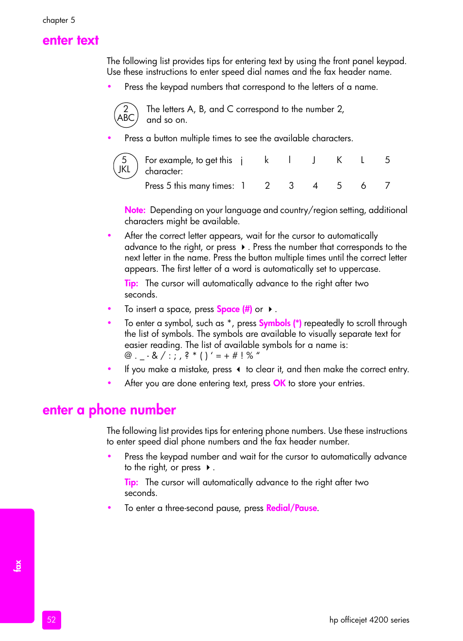 Enter text, Enter a phone number, Enter text enter a phone number | HP 4200 series User Manual | Page 62 / 166