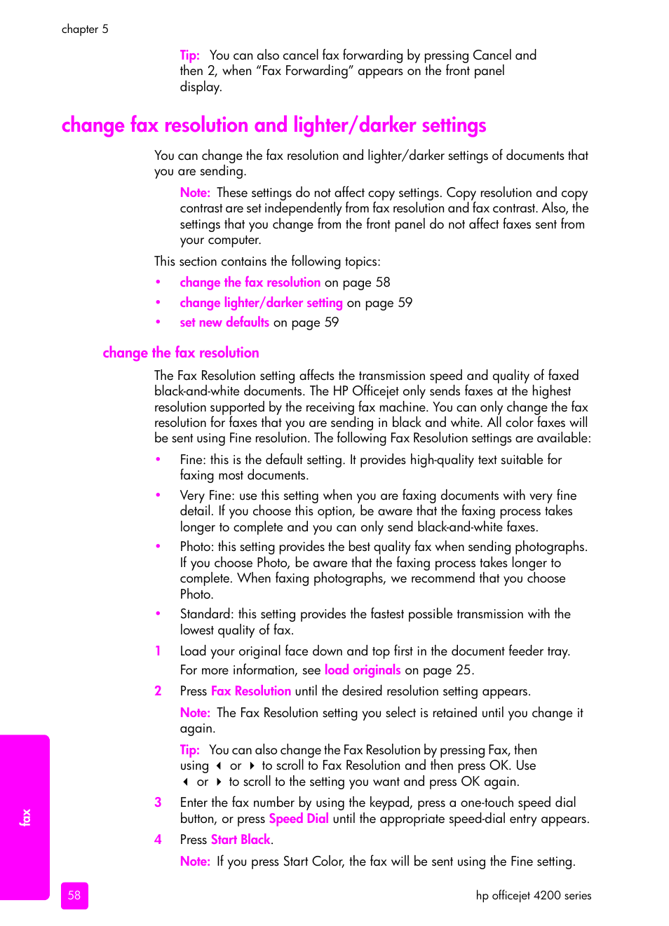 Change fax resolution and lighter/darker settings, Change the fax resolution | HP 4200 series User Manual | Page 68 / 166