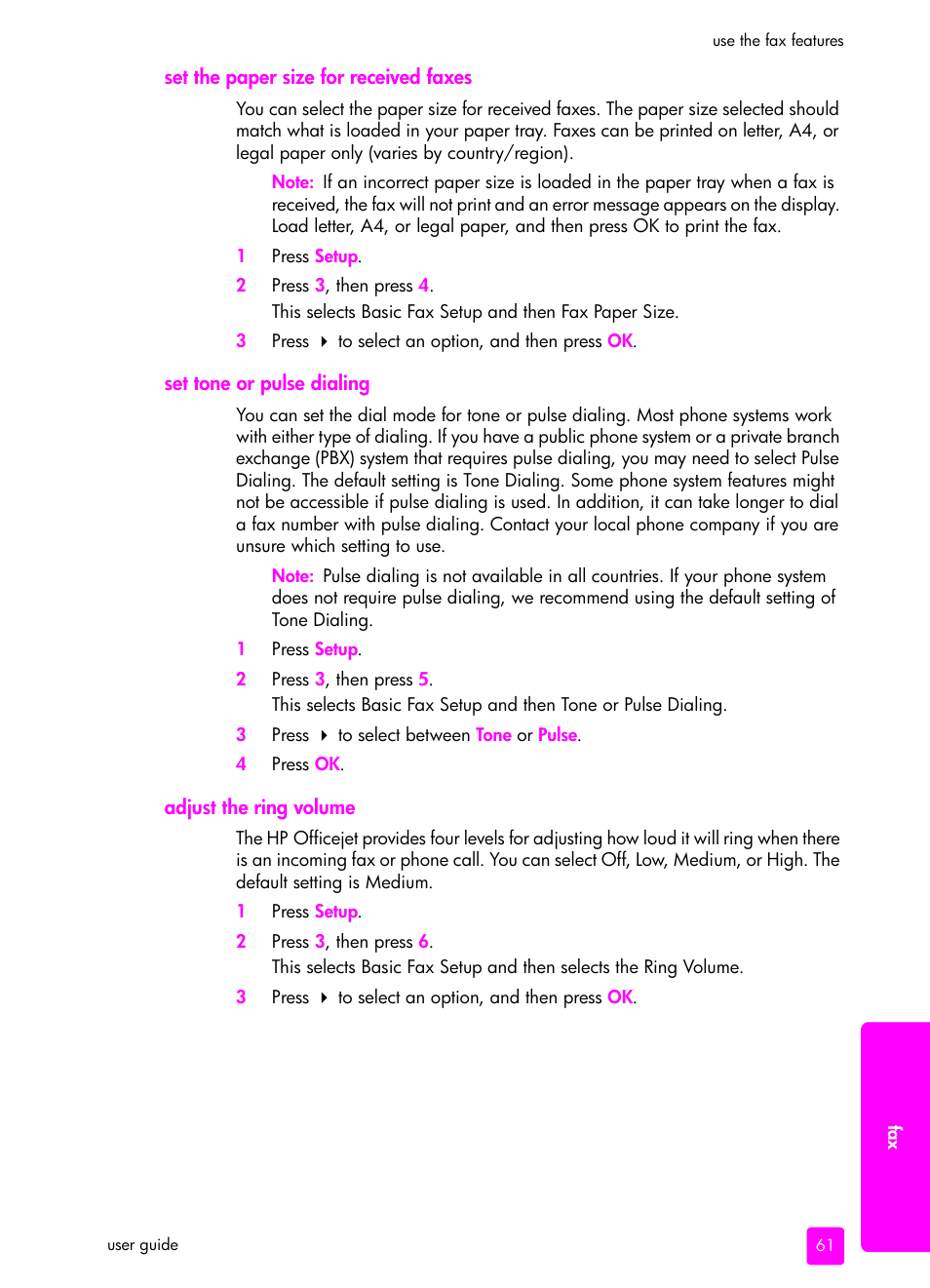 Set the paper size for received faxes, Set tone or pulse dialing, Adjust the ring volume | Set tone or pulse dialing adjust the ring volume | HP 4200 series User Manual | Page 71 / 166