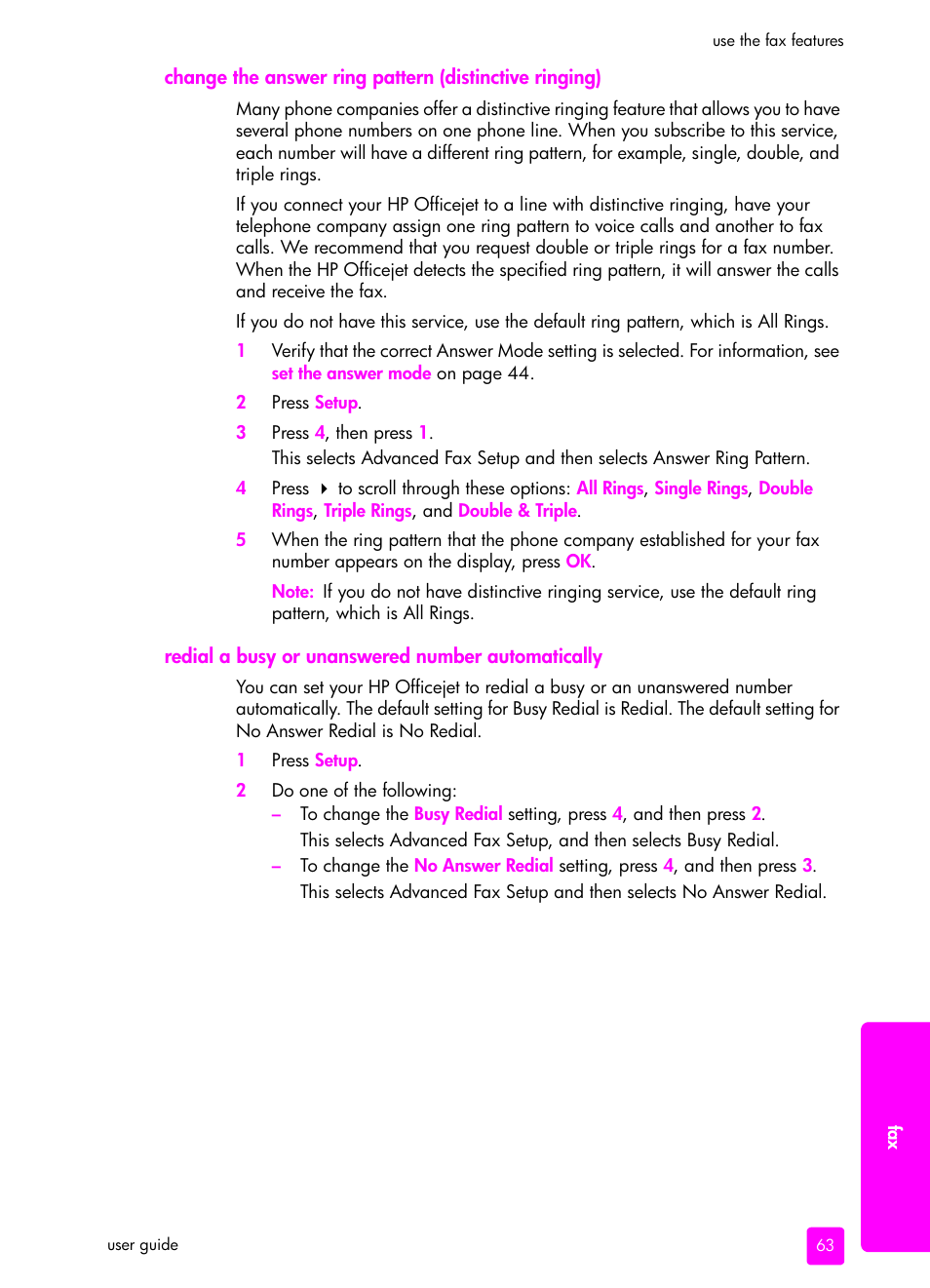 Redial a busy or unanswered number automatically, Change the, Answer ring pattern (distinctive ringing) | HP 4200 series User Manual | Page 73 / 166