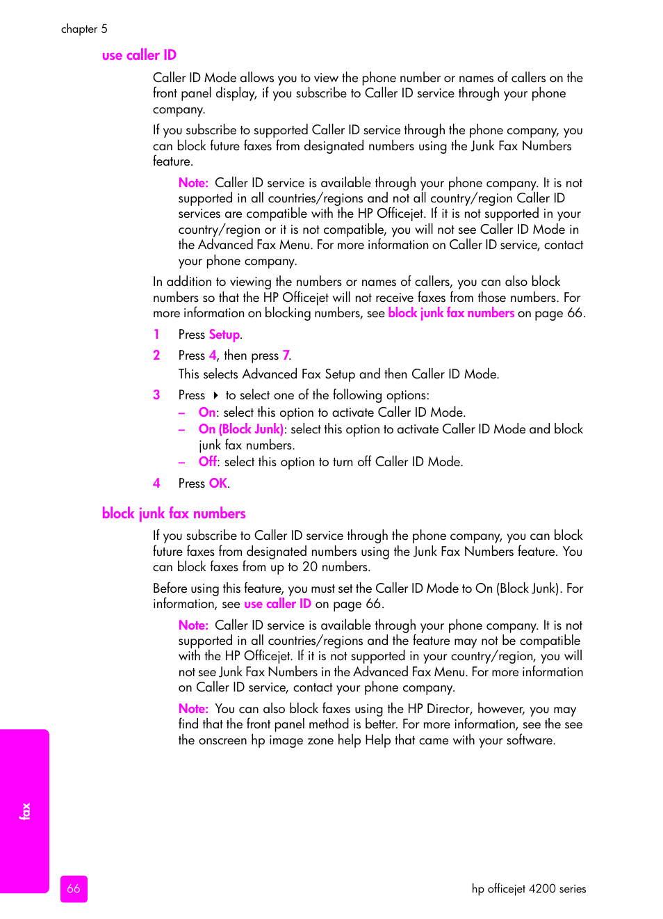 Use caller id, Block junk fax numbers, Use caller id block junk fax numbers | HP 4200 series User Manual | Page 76 / 166
