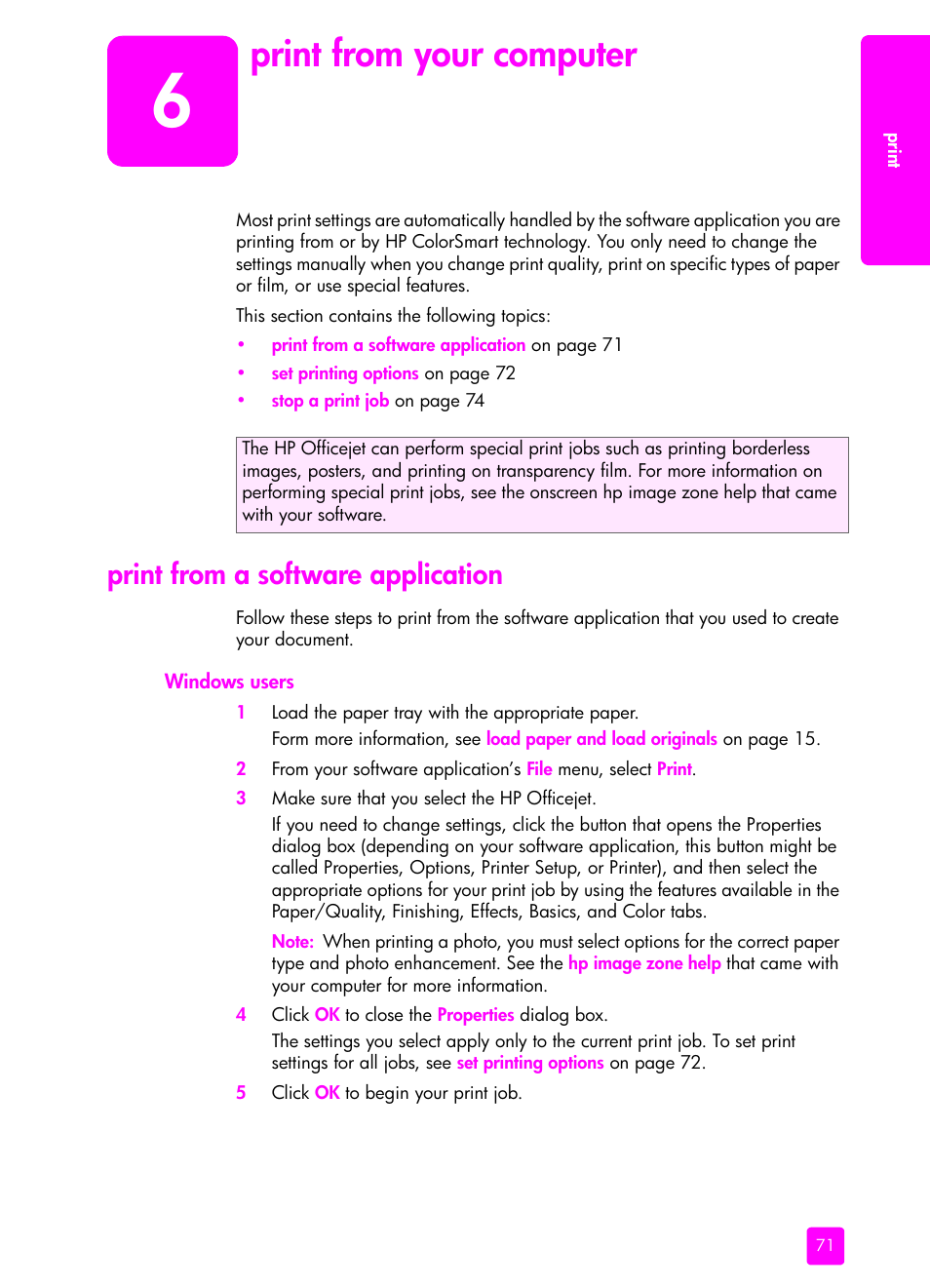 Print from your computer, Print from a software application, Windows users | 6 print from your computer | HP 4200 series User Manual | Page 81 / 166