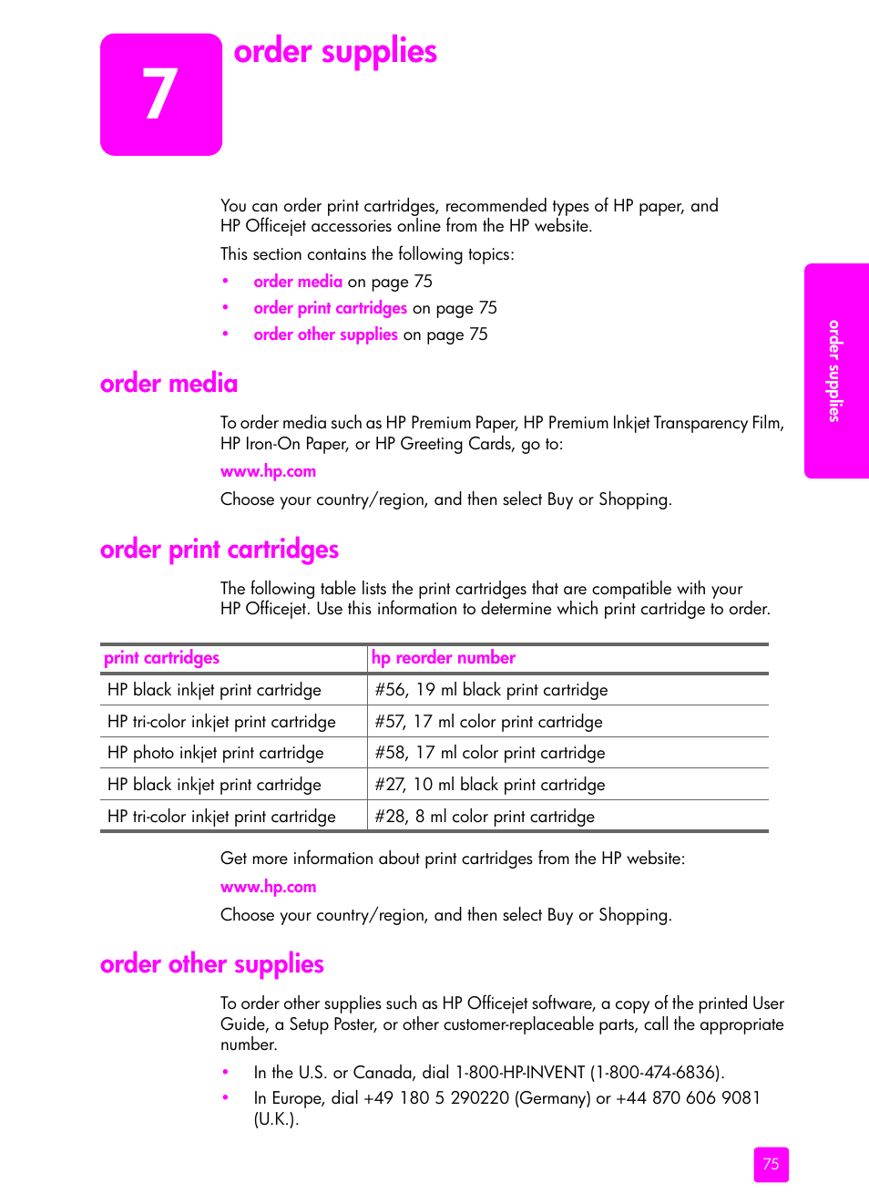 Order supplies, Order media, Order print cartridges | Order other supplies, 7 order supplies | HP 4200 series User Manual | Page 85 / 166