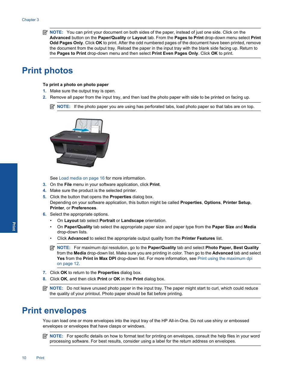 Print photos, Print envelopes, Print photos print envelopes | HP 2060 K110 User Manual | Page 12 / 48