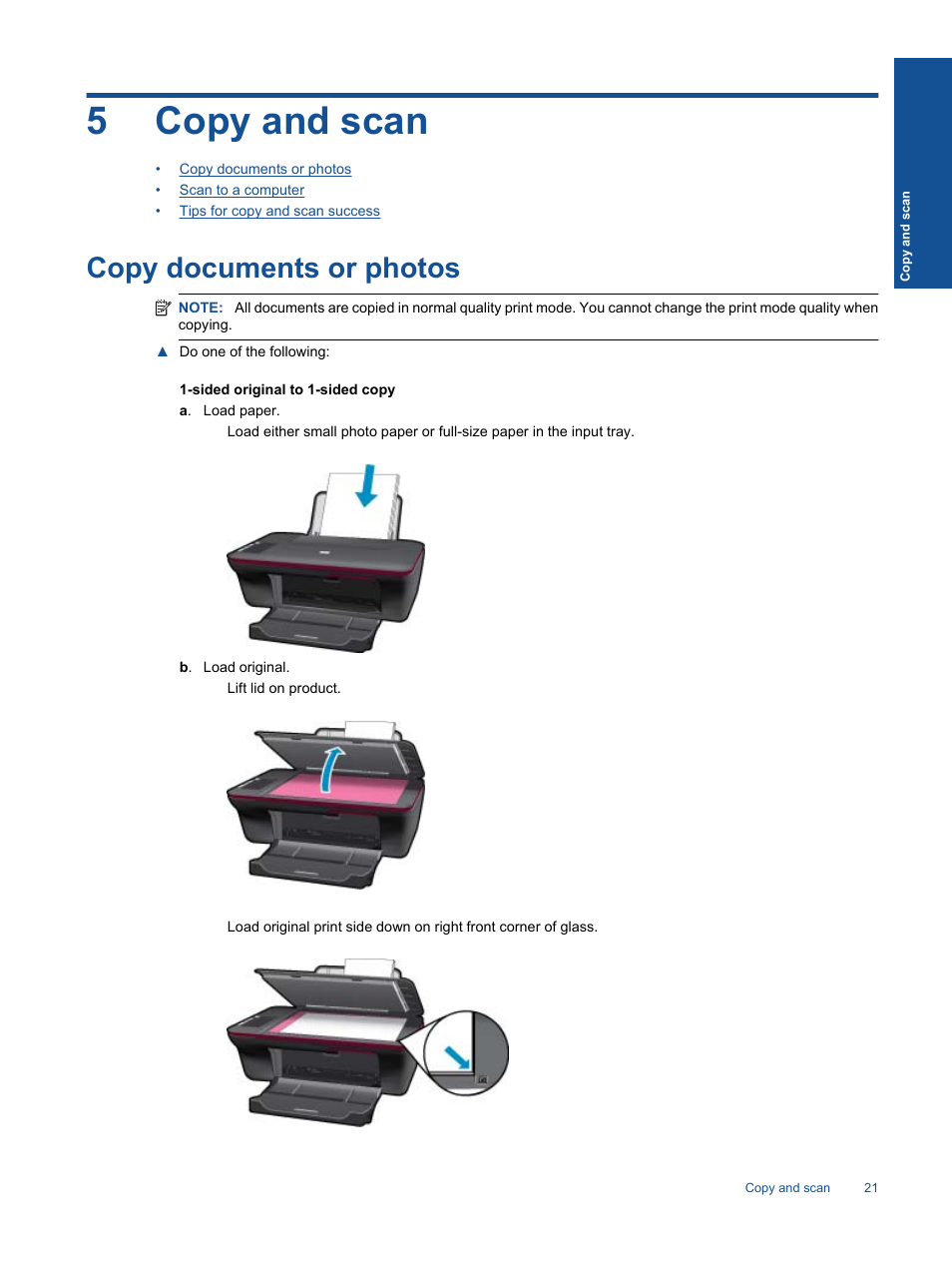 Copy and scan, Copy documents or photos, 5 copy and scan | 5copy and scan | HP 2060 K110 User Manual | Page 23 / 48