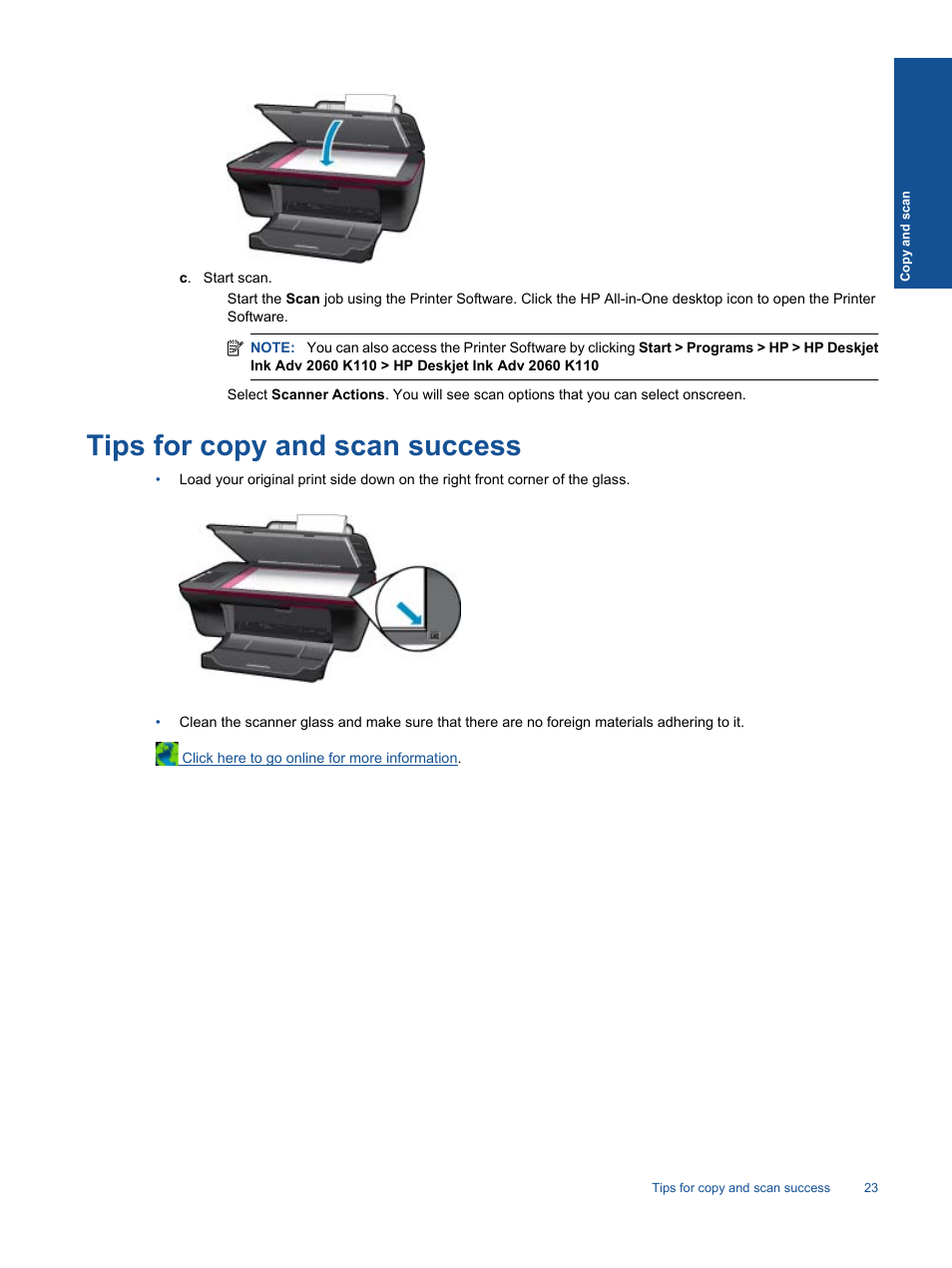 Tips for copy and scan success | HP 2060 K110 User Manual | Page 25 / 48