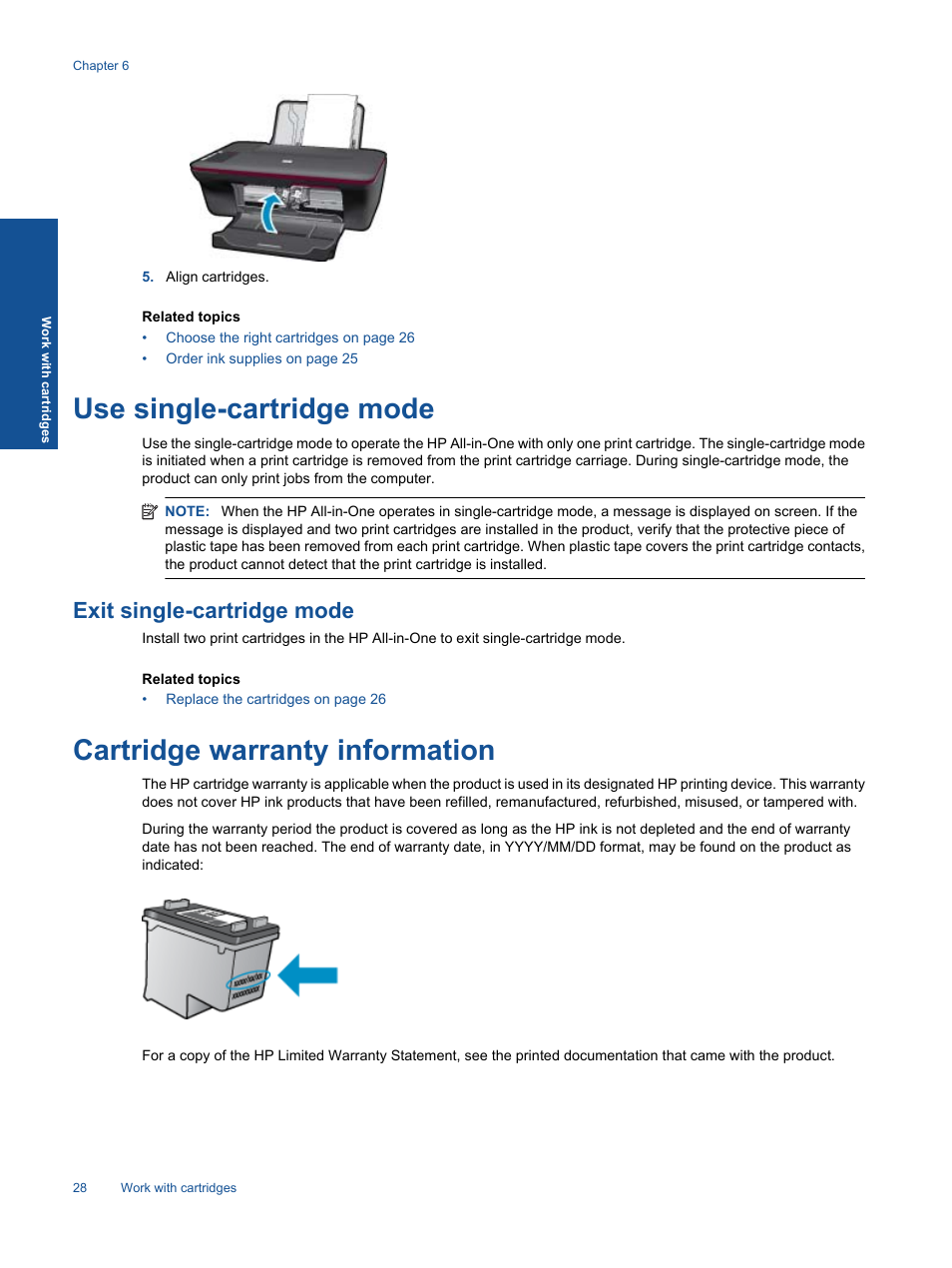 Use single-cartridge mode, Exit single-cartridge mode, Cartridge warranty information | HP 2060 K110 User Manual | Page 30 / 48